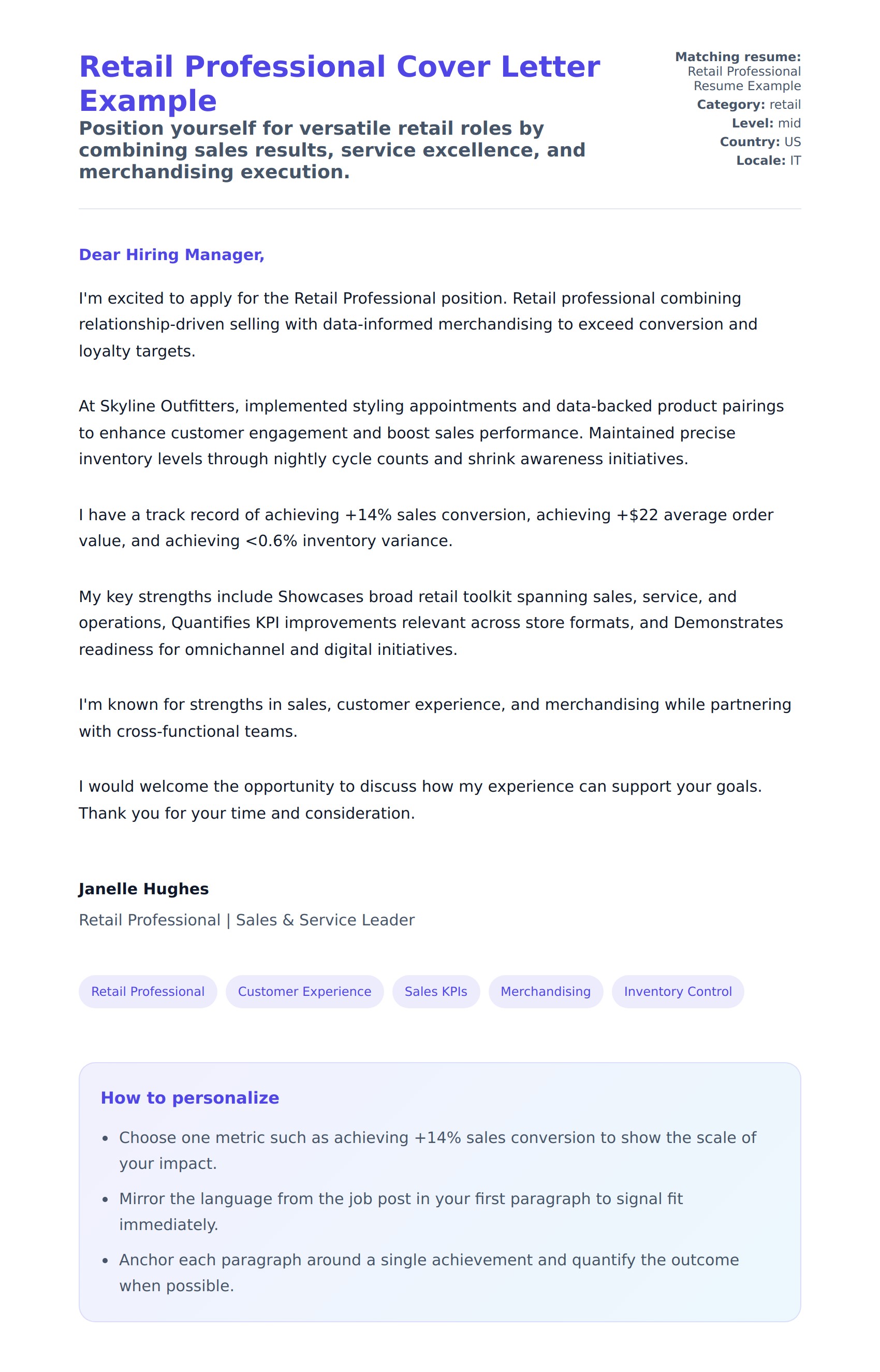 Cover Letter preview for Retail Professional Cover Letter Example
