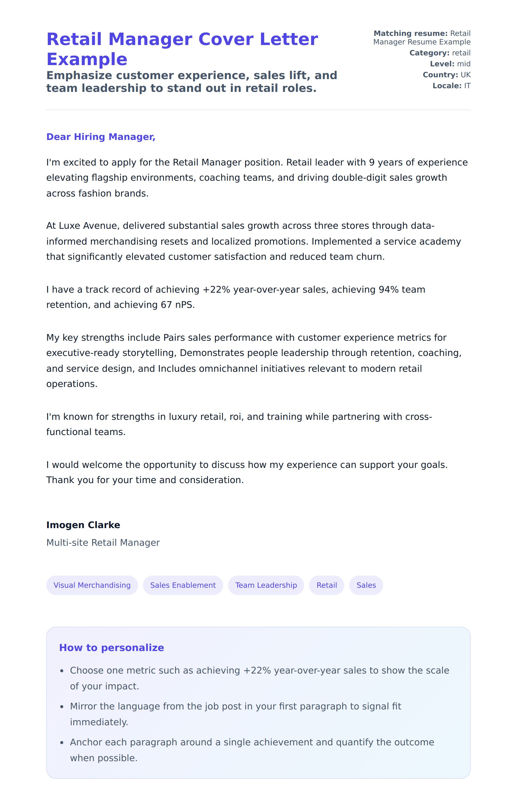 Cover Letter preview for Retail Manager Cover Letter Example
