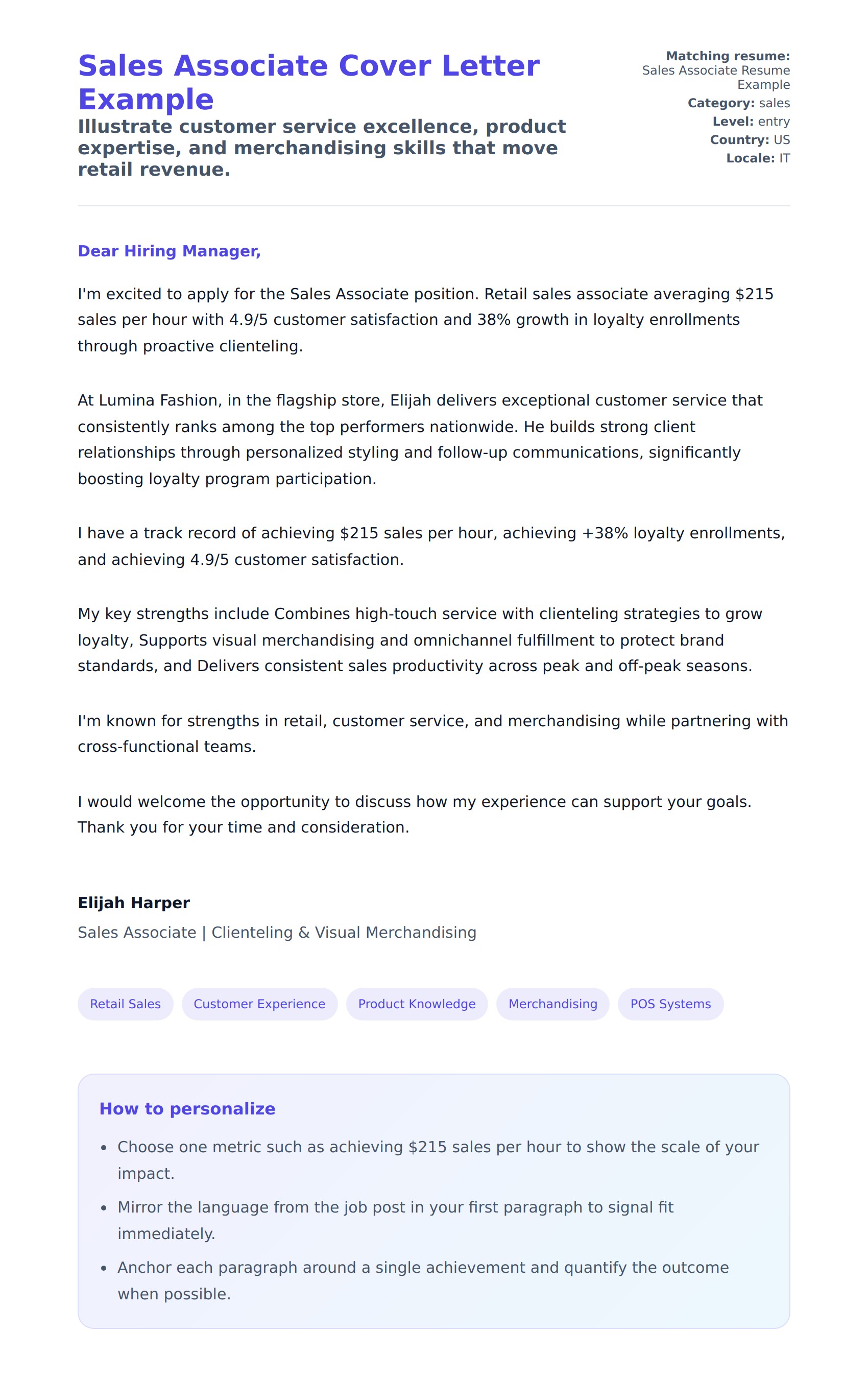 Cover Letter preview for Sales Associate Cover Letter Example