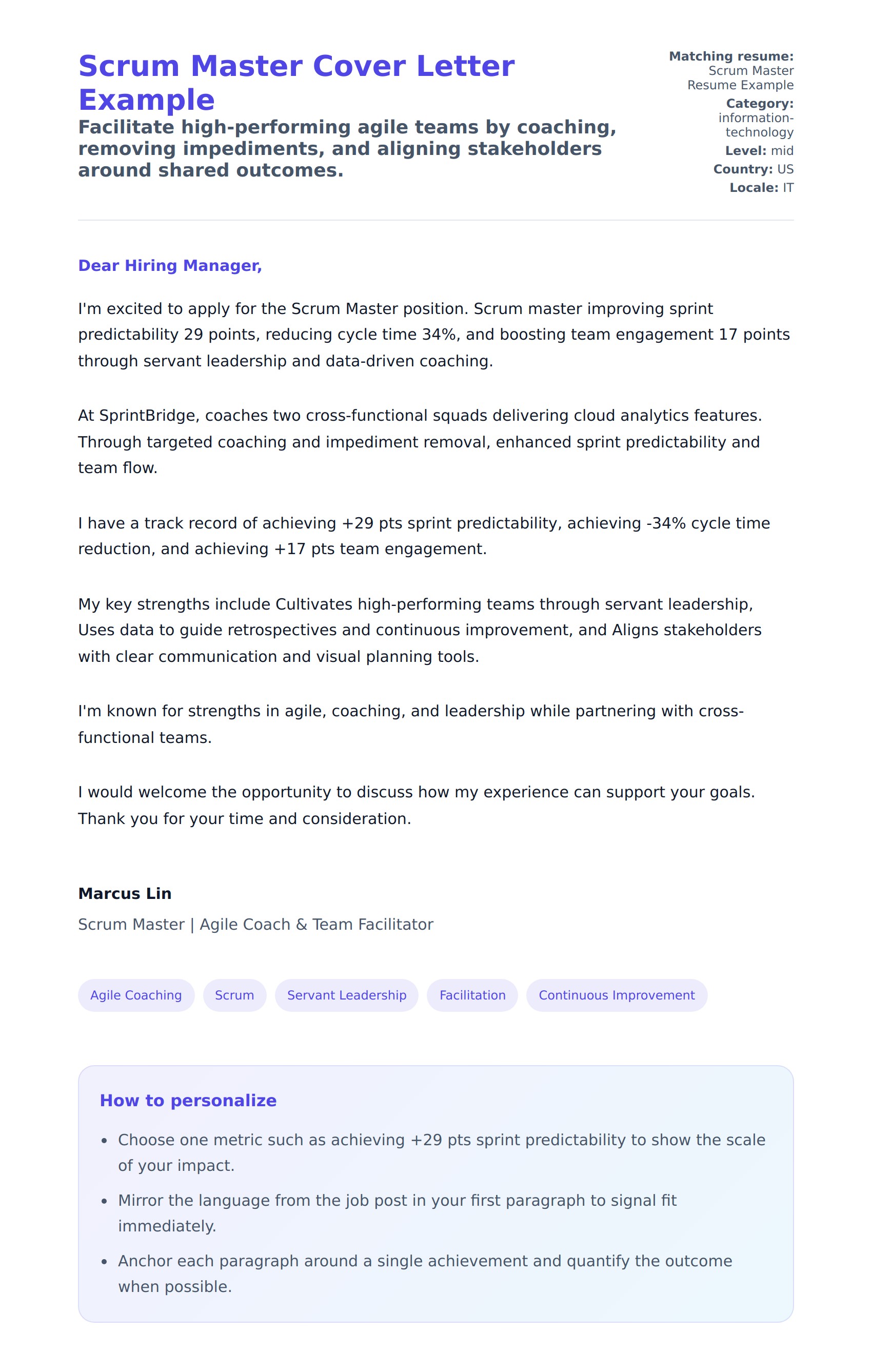 Cover Letter preview for Scrum Master Cover Letter Example