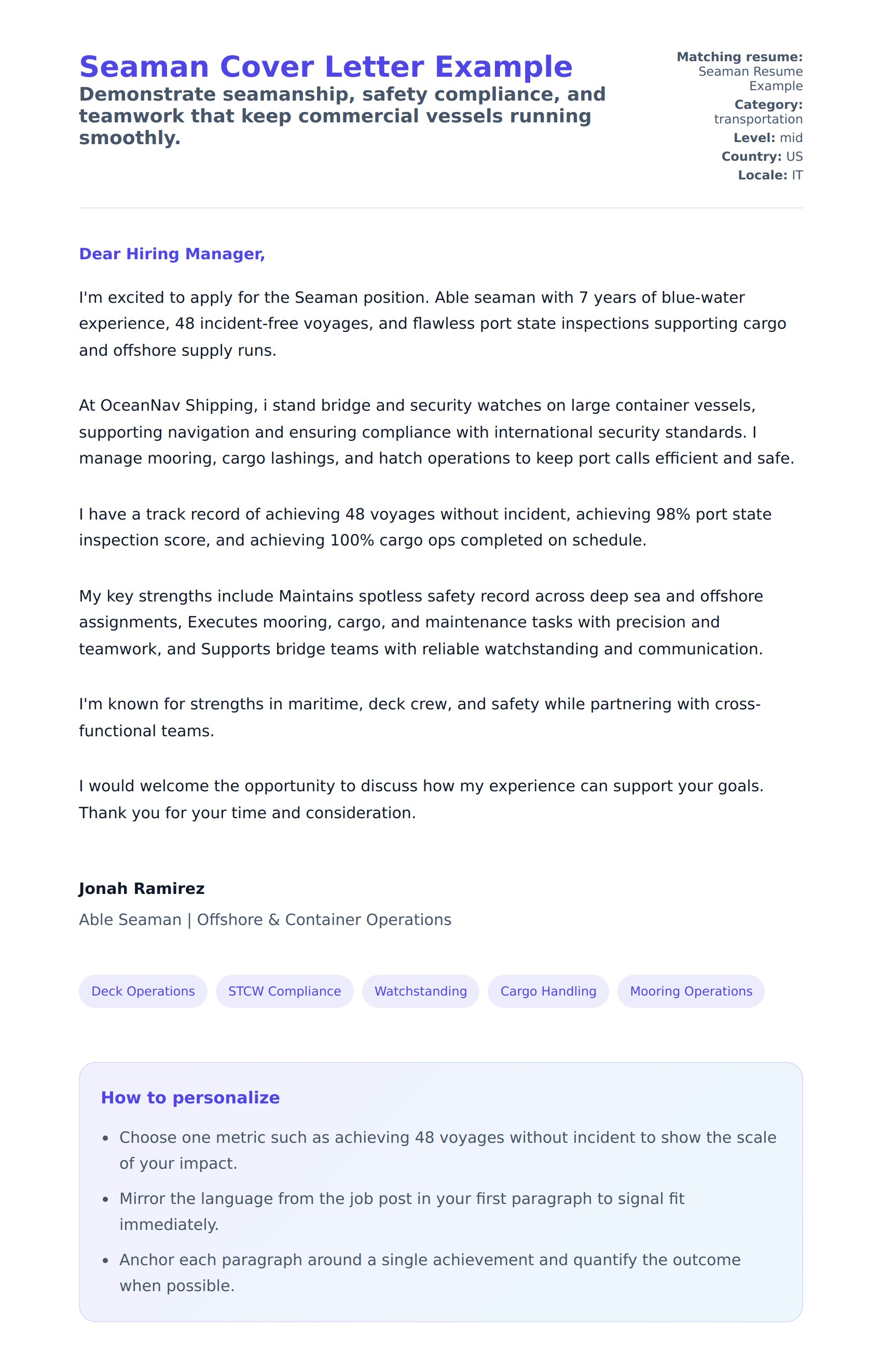 Cover Letter preview for Seaman Cover Letter Example
