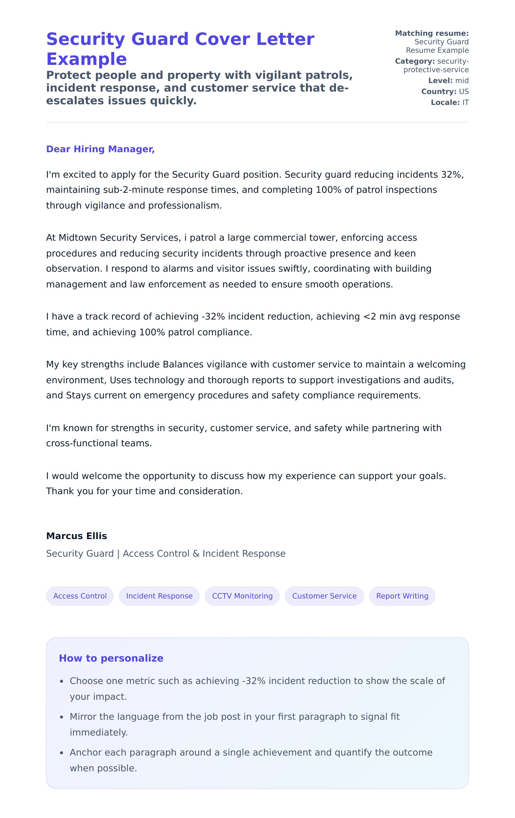 Cover Letter preview for Security Guard Cover Letter Example