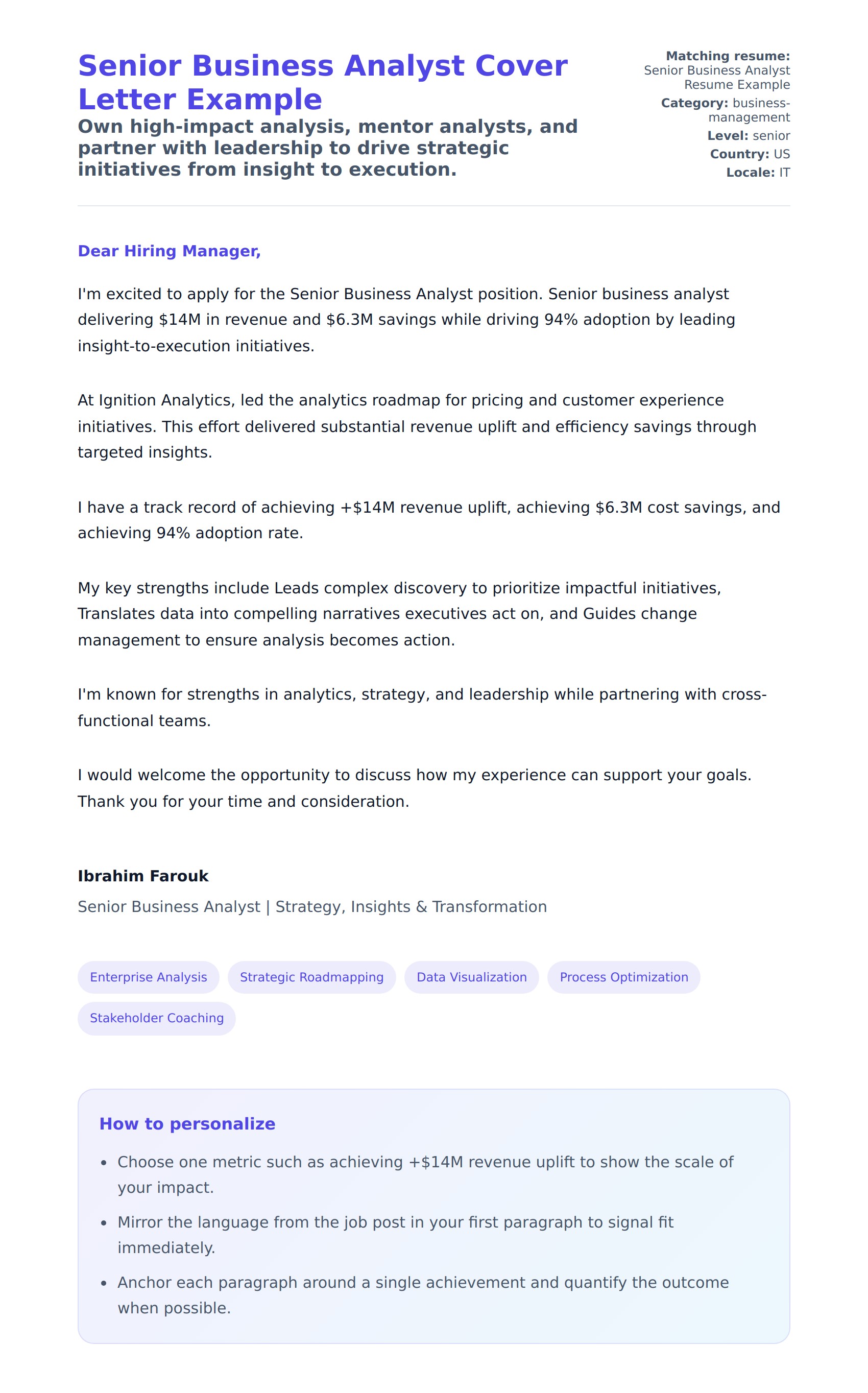 Cover Letter preview for Senior Business Analyst Cover Letter Example