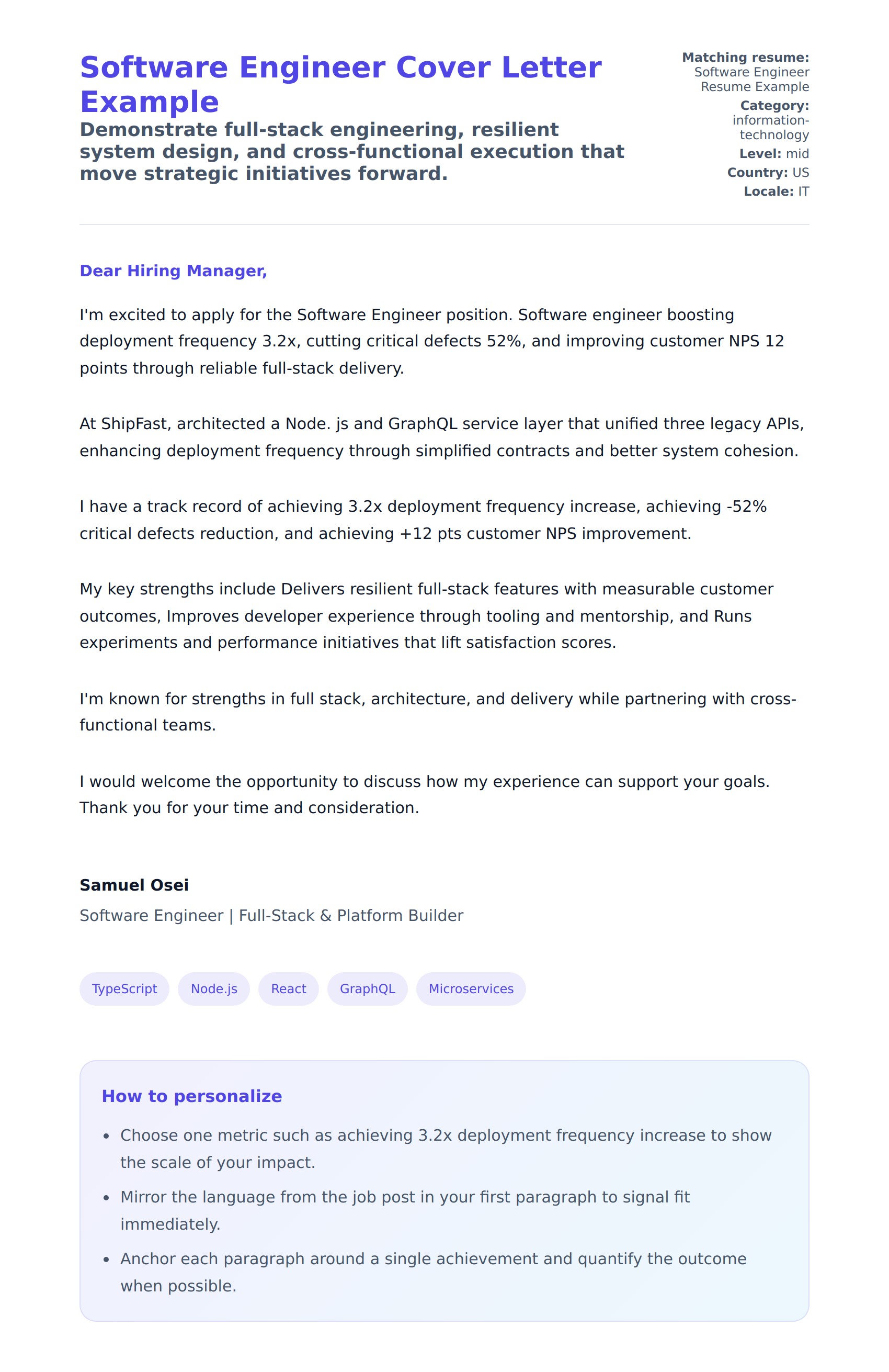 Cover Letter preview for Software Engineer Cover Letter Example