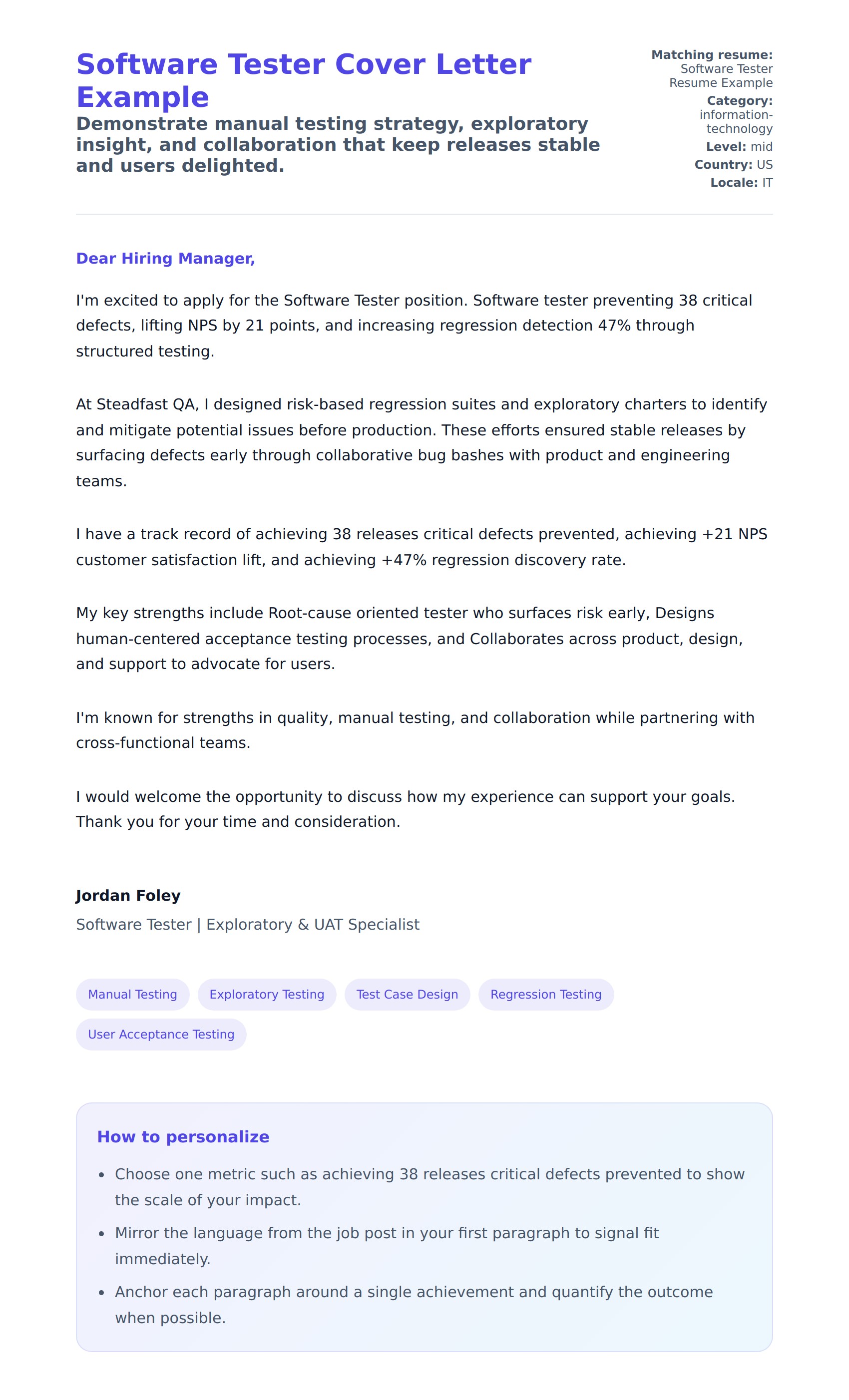 Cover Letter preview for Software Tester Cover Letter Example