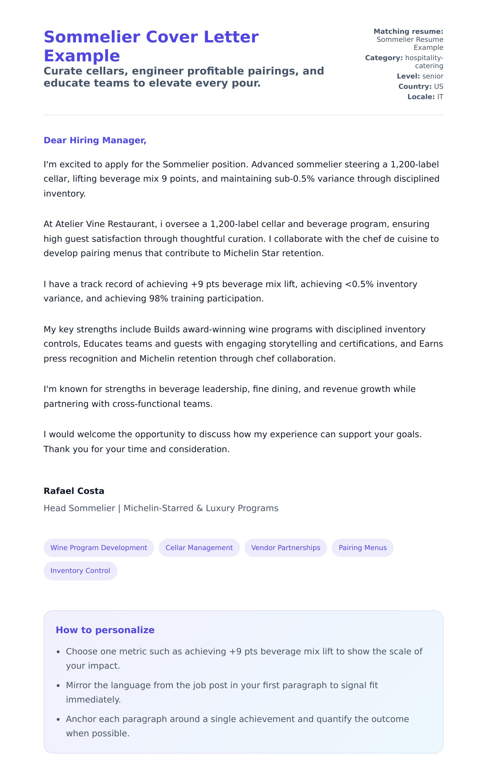 Cover Letter preview for Sommelier Cover Letter Example