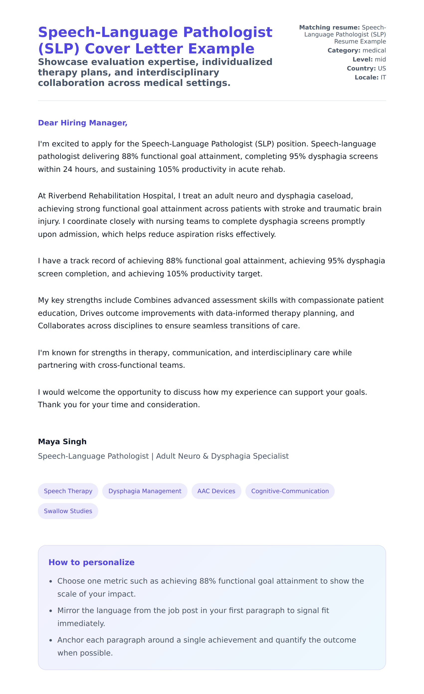 Cover Letter preview for Speech-Language Pathologist (SLP) Cover Letter Example