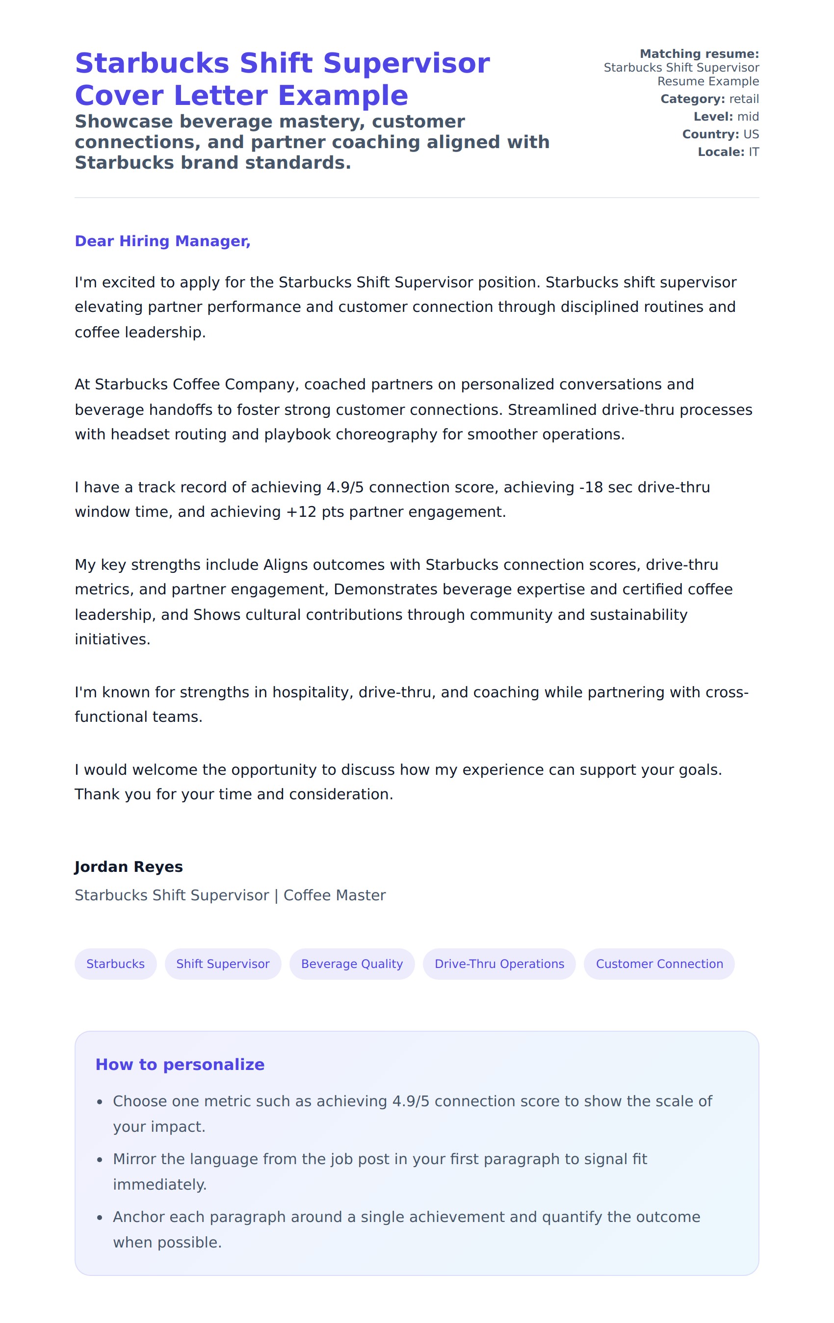 Cover Letter preview for Starbucks Shift Supervisor Cover Letter Example