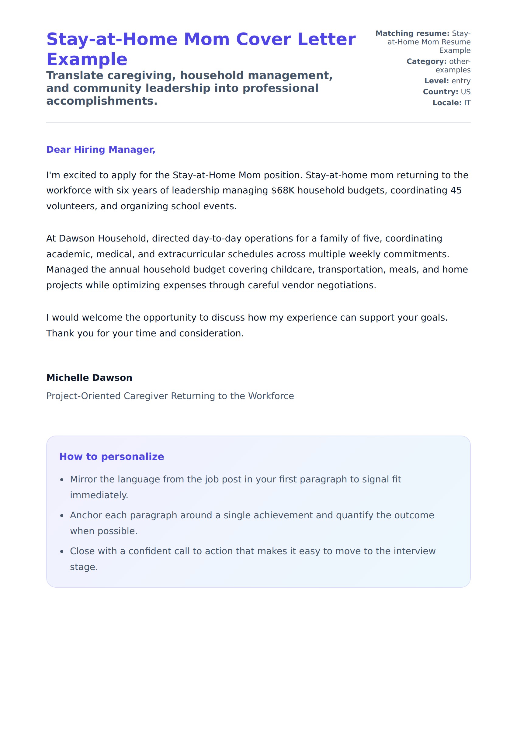 Cover Letter preview for Stay-at-Home Mom Cover Letter Example