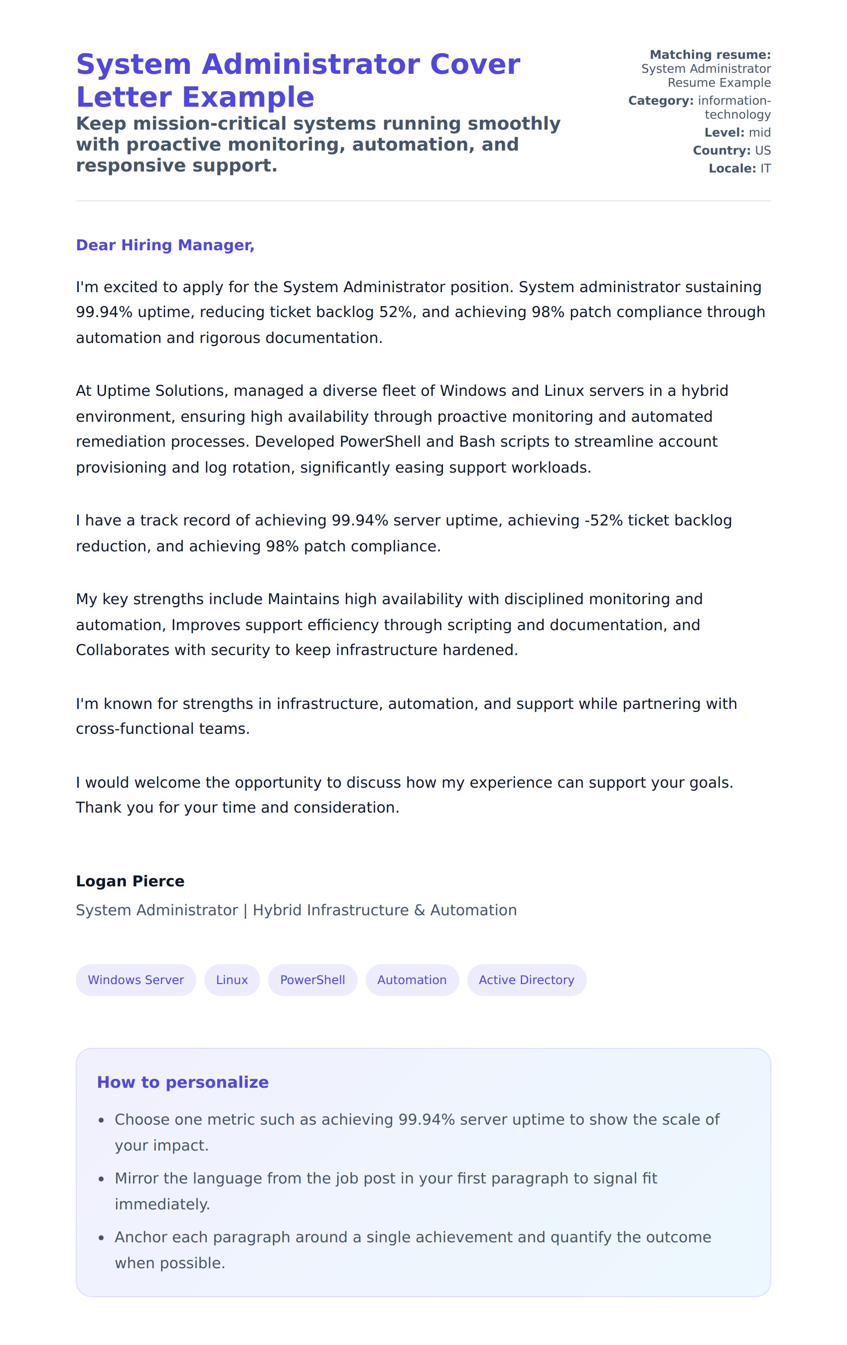 Cover Letter preview for System Administrator Cover Letter Example