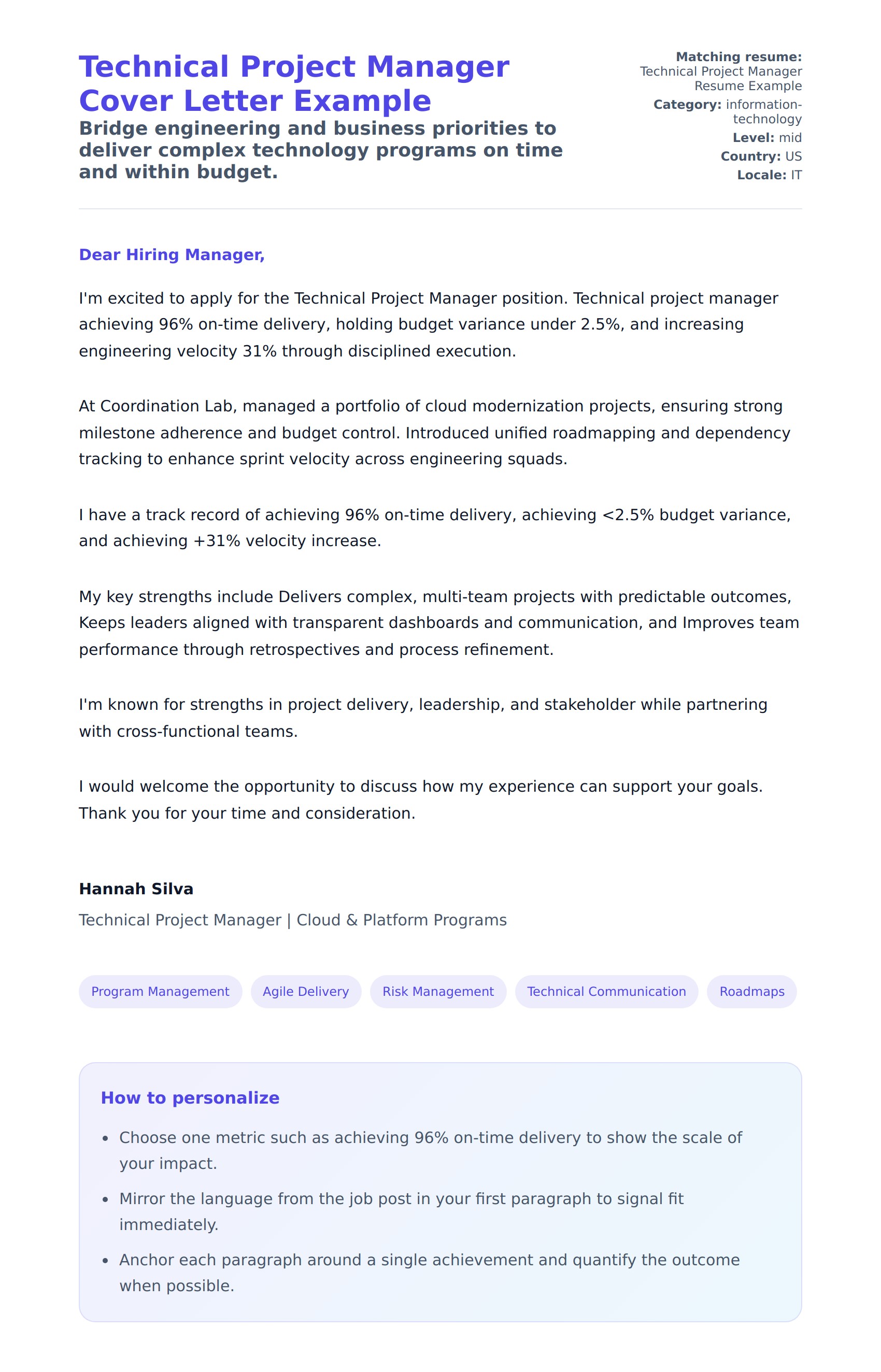 Cover Letter preview for Technical Project Manager Cover Letter Example