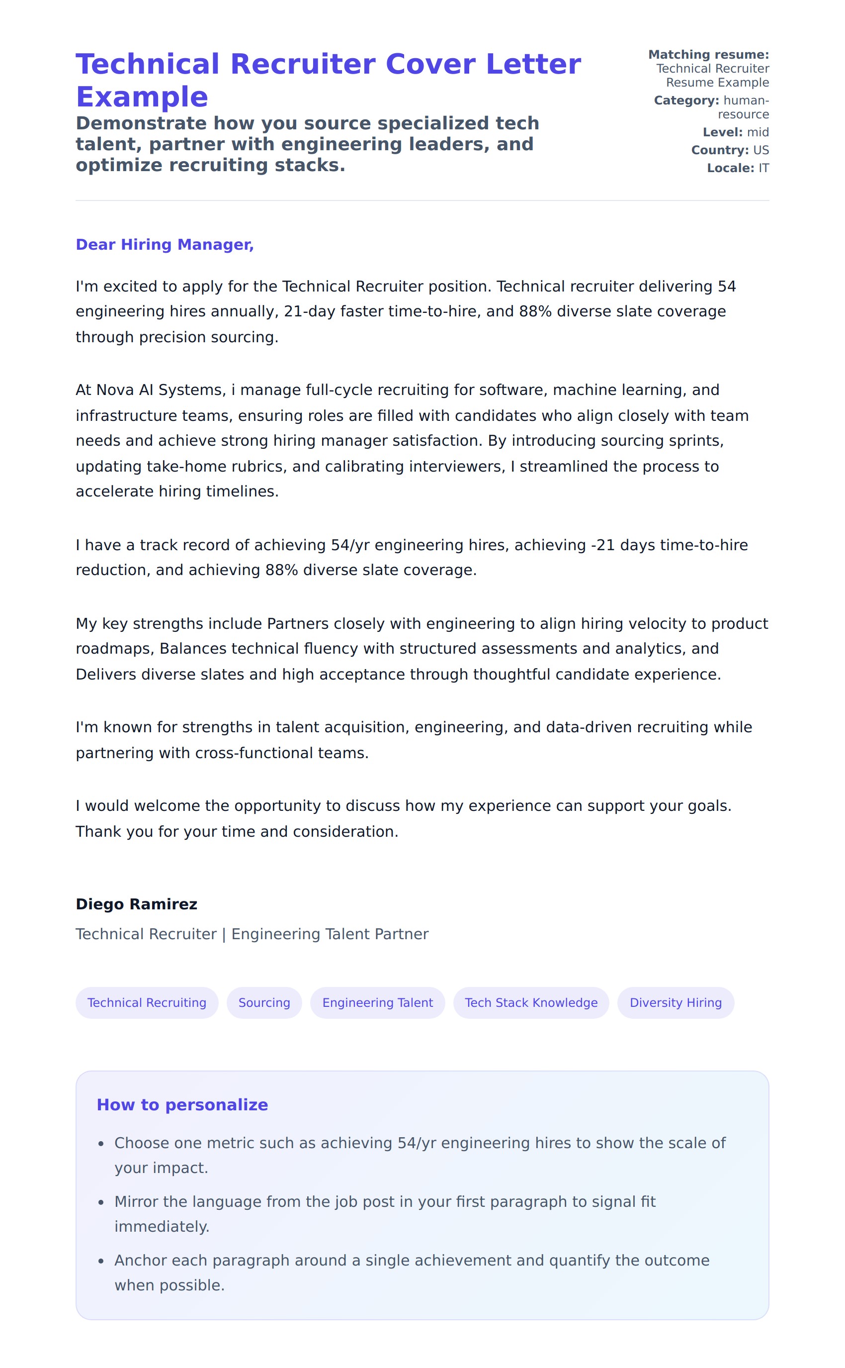 Cover Letter preview for Technical Recruiter Cover Letter Example