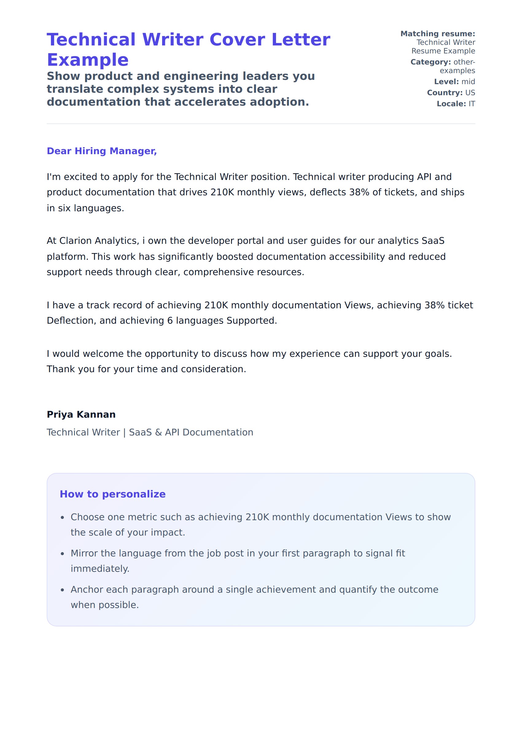 Cover Letter preview for Technical Writer Cover Letter Example