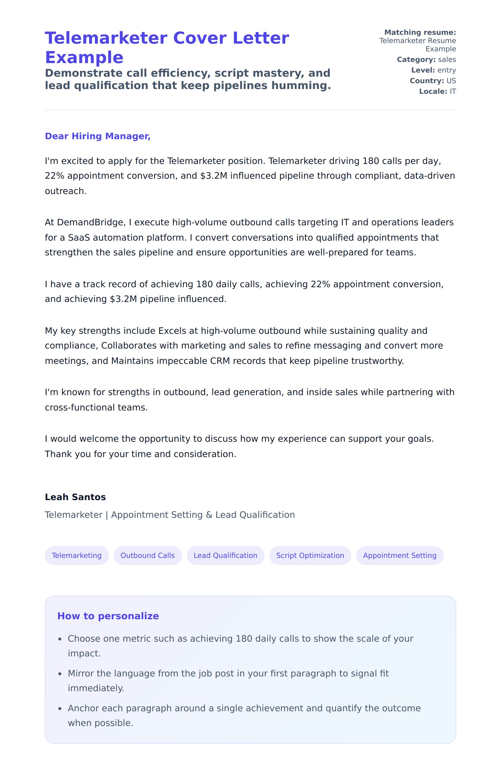 Cover Letter preview for Telemarketer Cover Letter Example