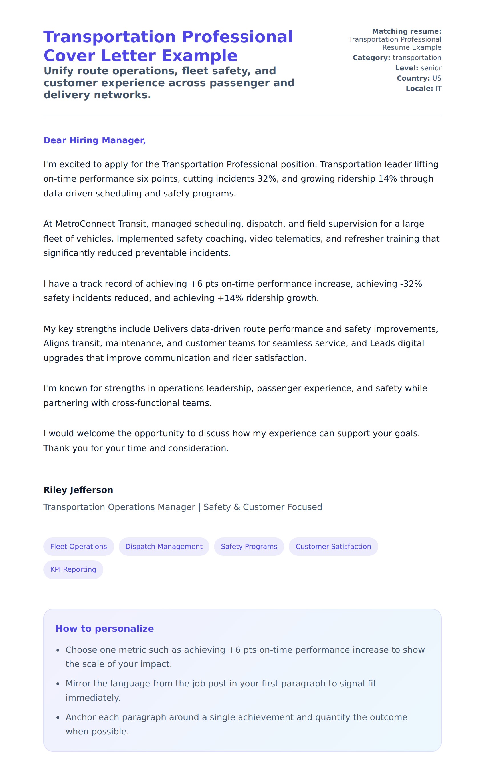 Cover Letter preview for Transportation Professional Cover Letter Example