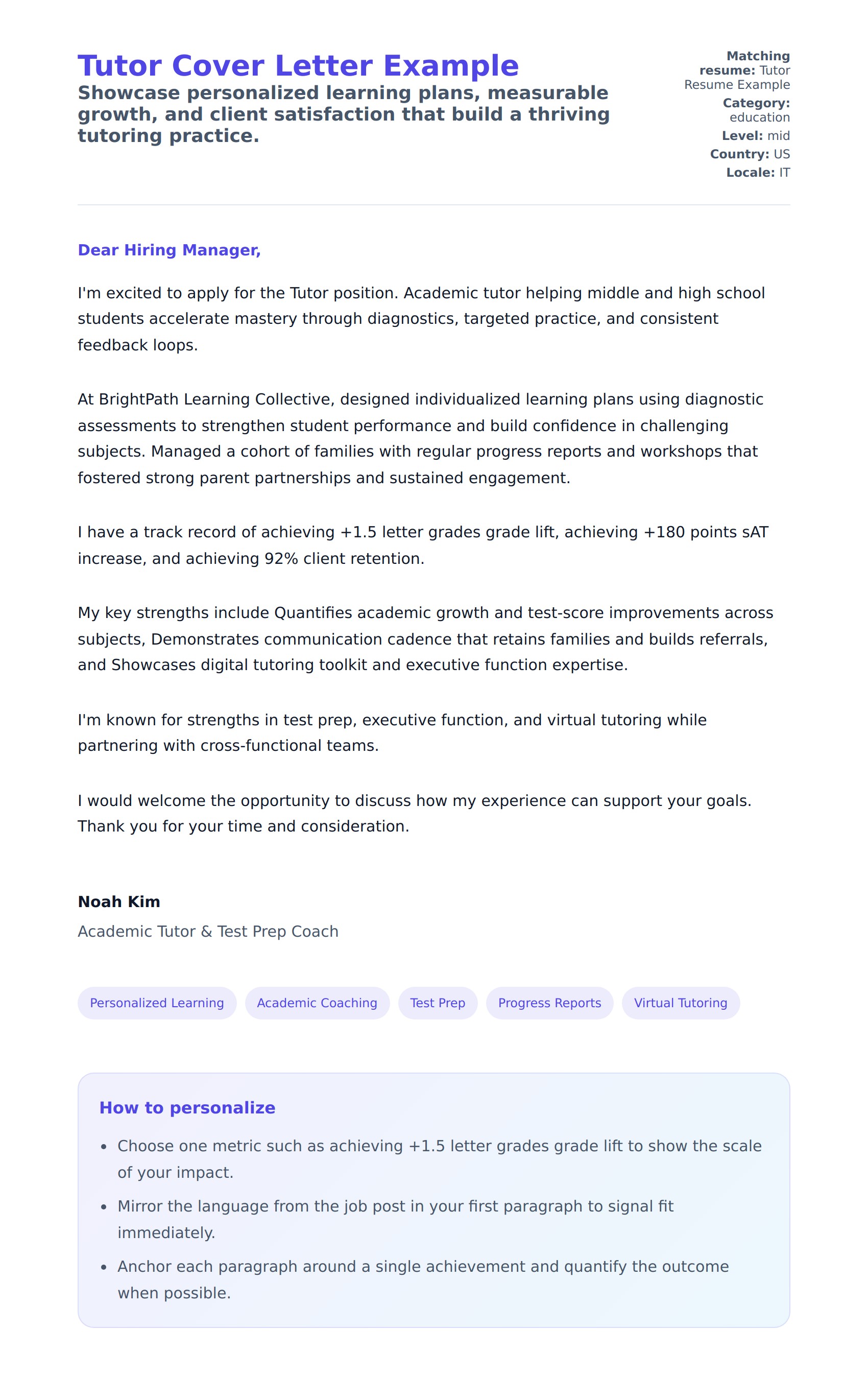 Cover Letter preview for Tutor Cover Letter Example