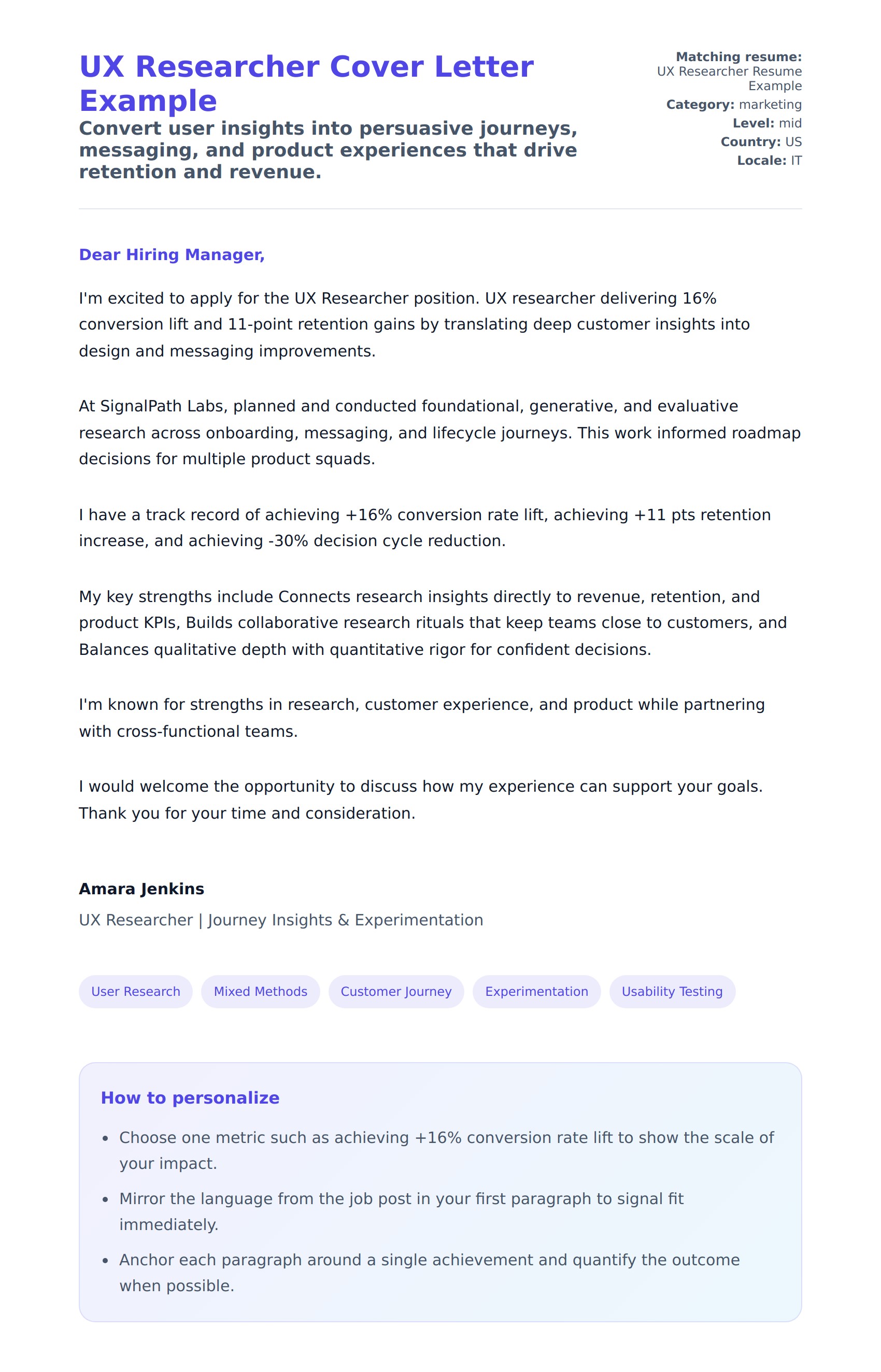 Cover Letter preview for UX Researcher Cover Letter Example