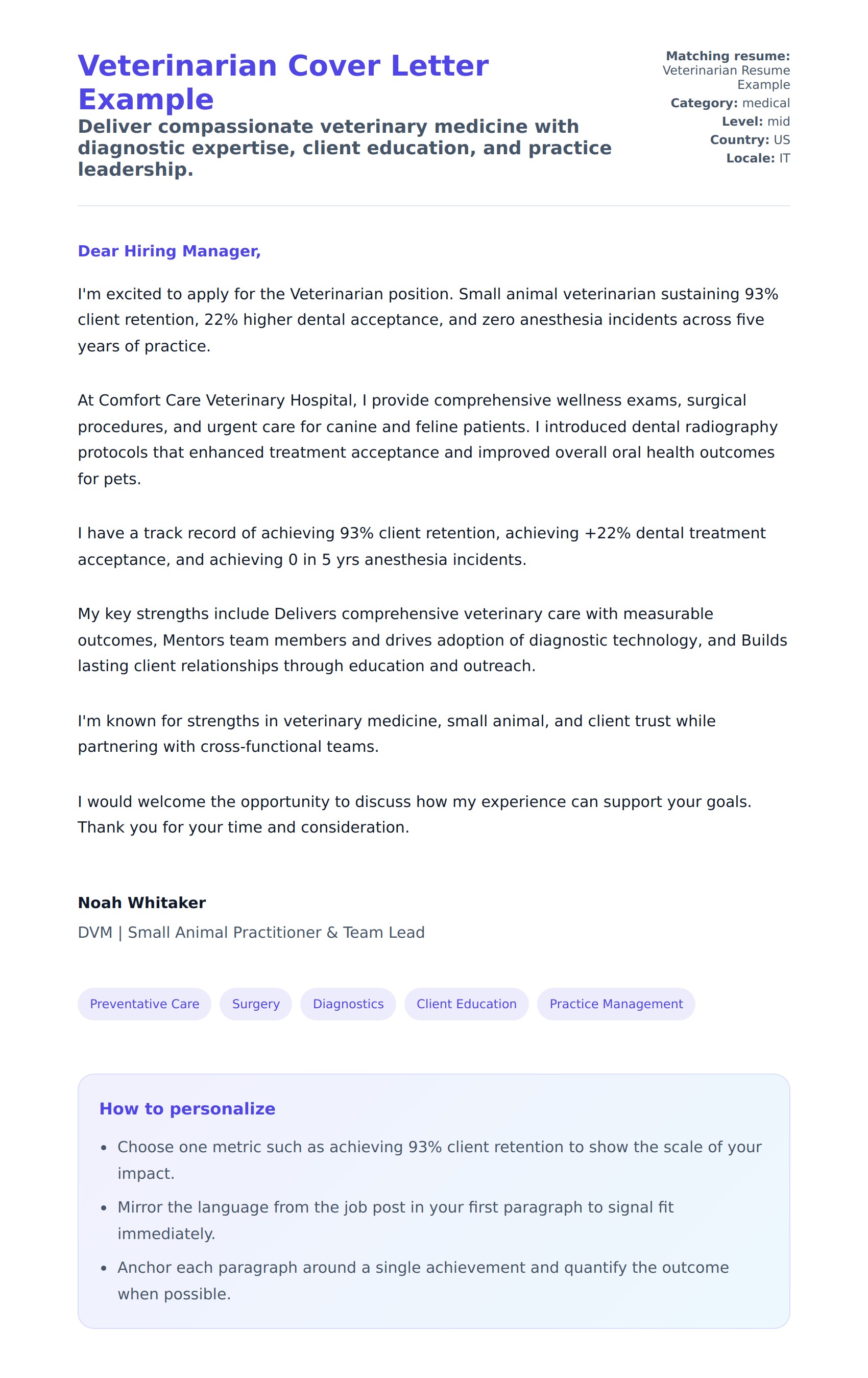 Cover Letter preview for Veterinarian Cover Letter Example