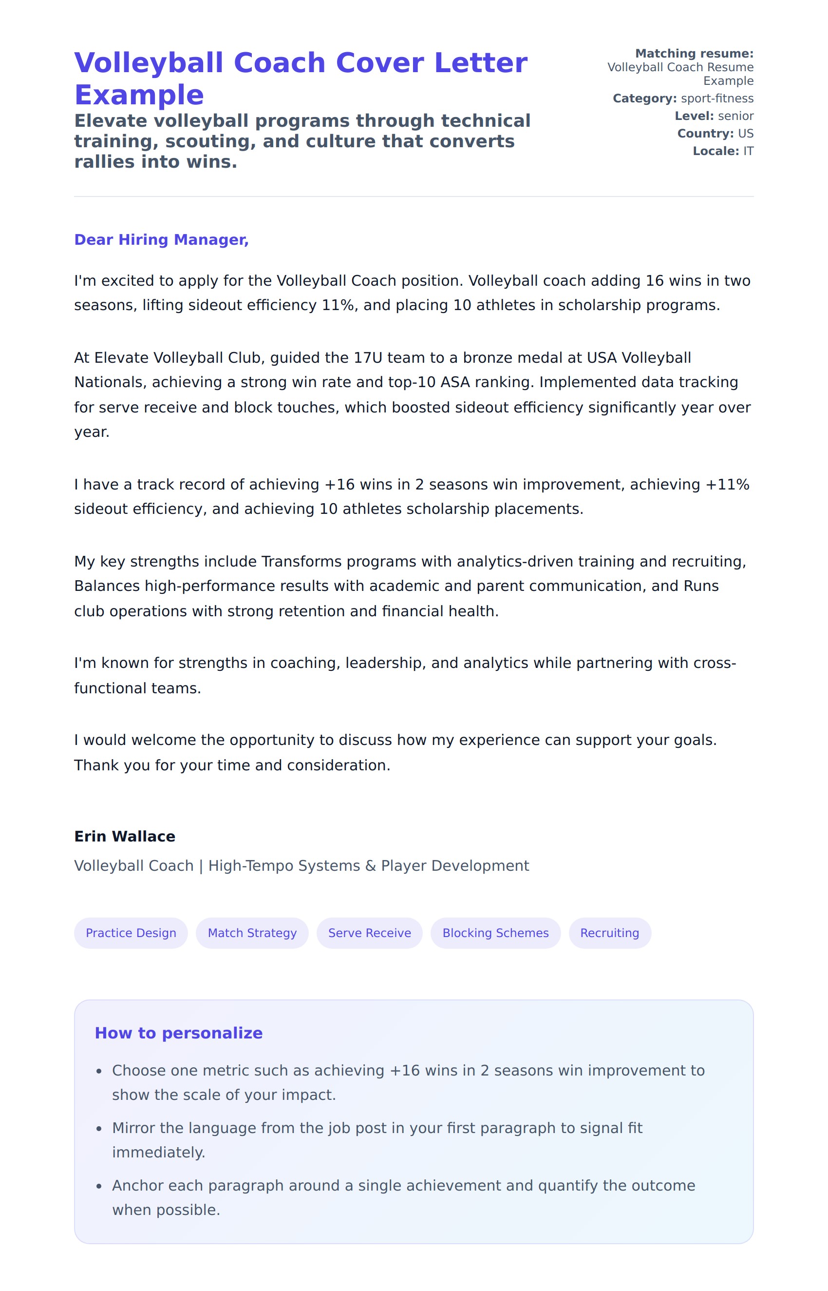 Cover Letter preview for Volleyball Coach Cover Letter Example