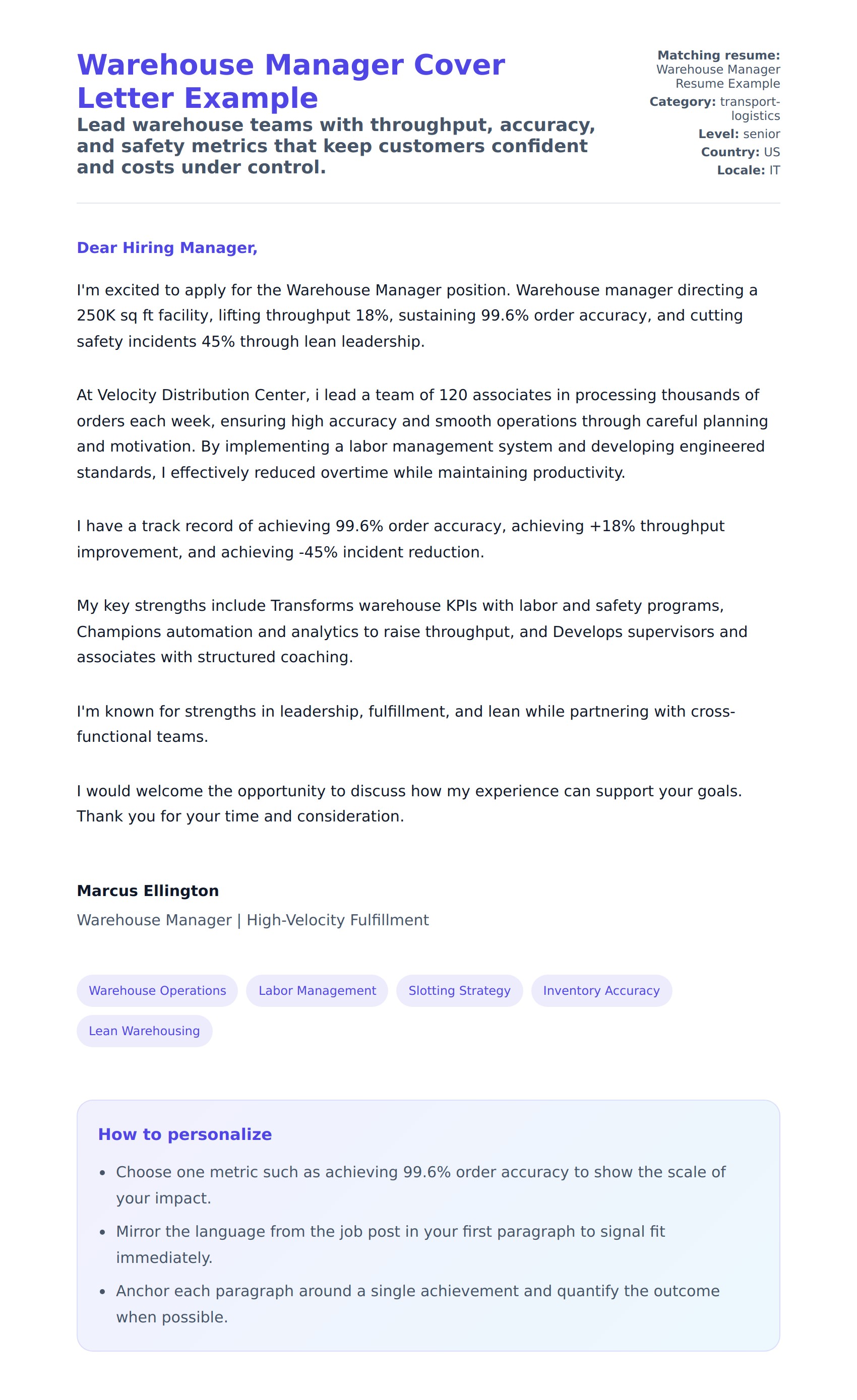 Cover Letter preview for Warehouse Manager Cover Letter Example