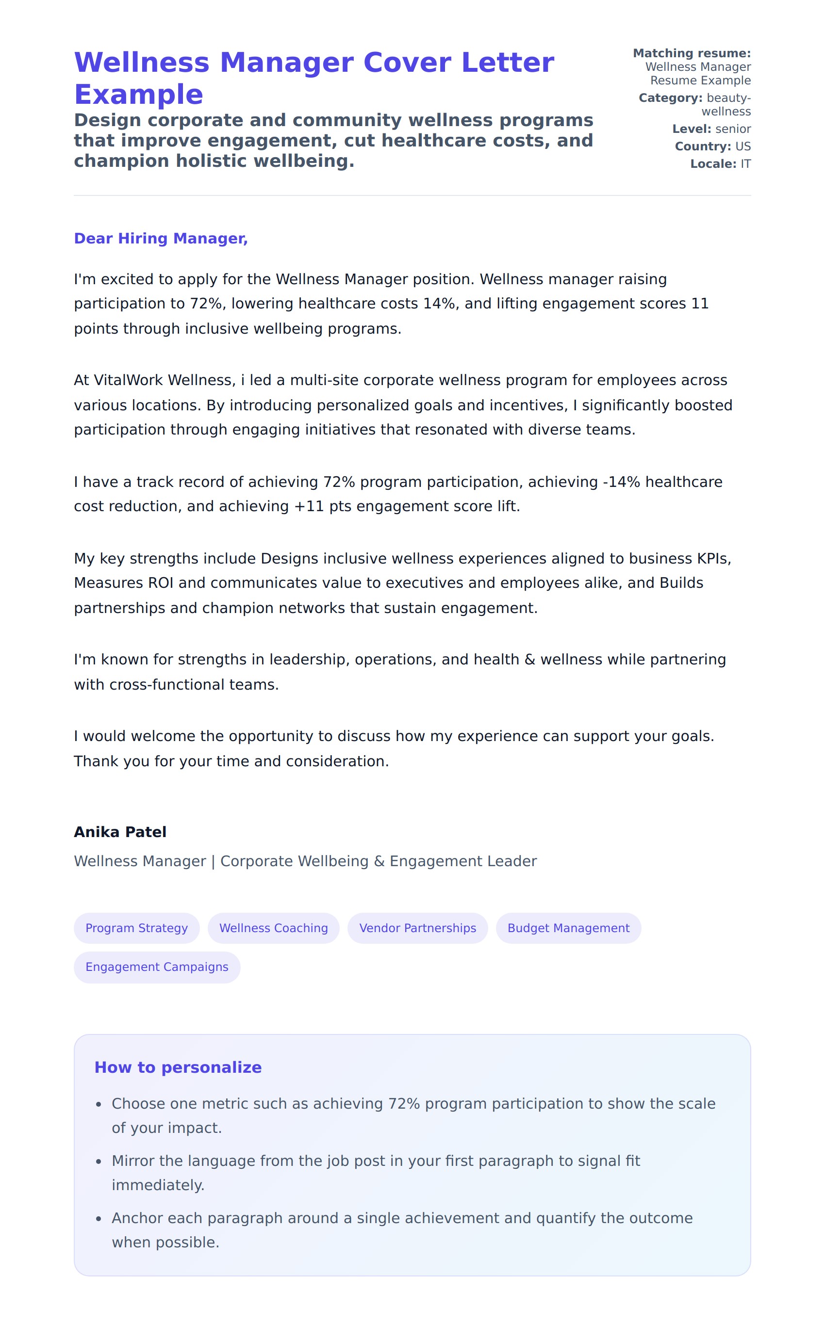 Cover Letter preview for Wellness Manager Cover Letter Example