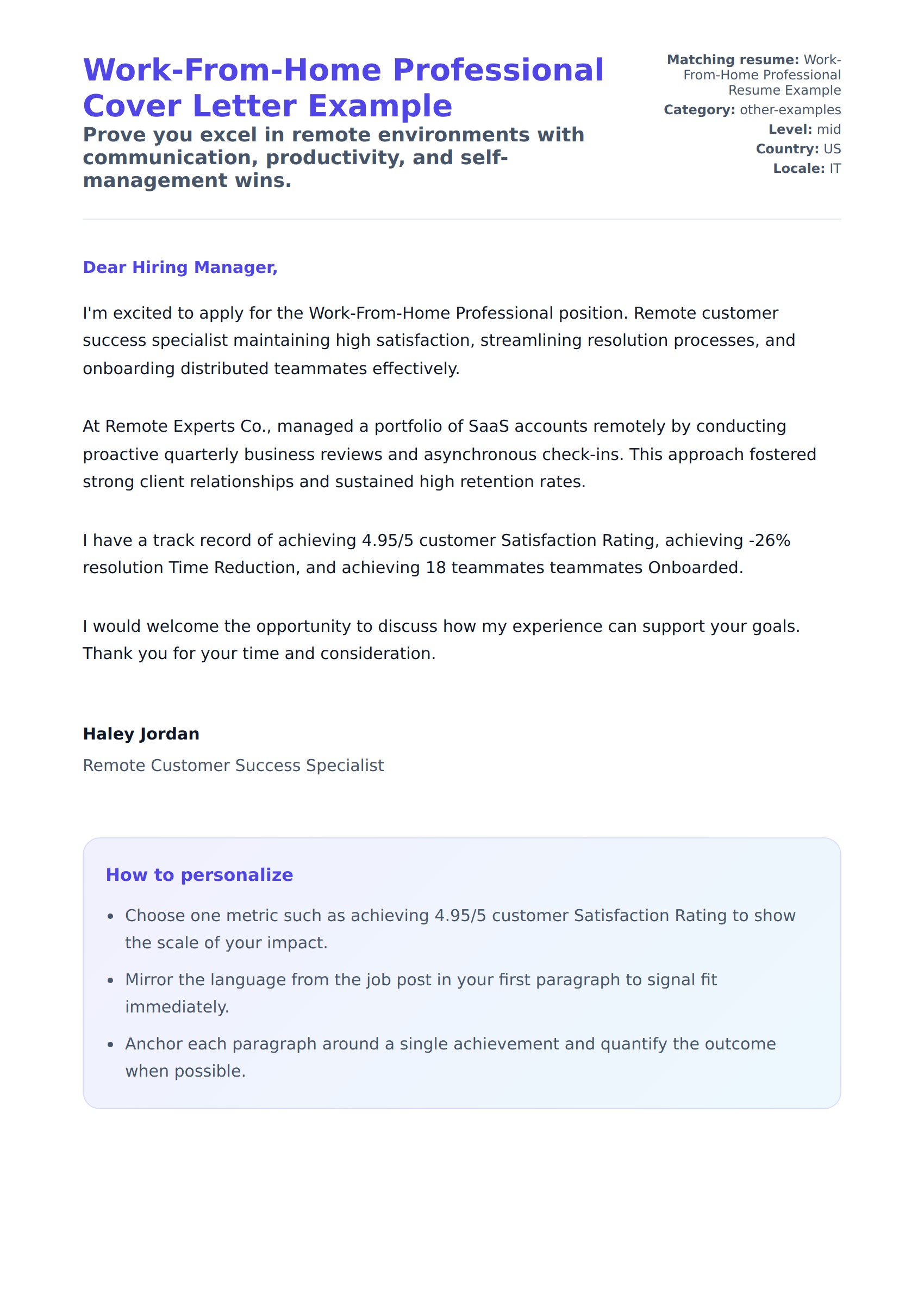 Cover Letter preview for Work-From-Home Professional Cover Letter Example