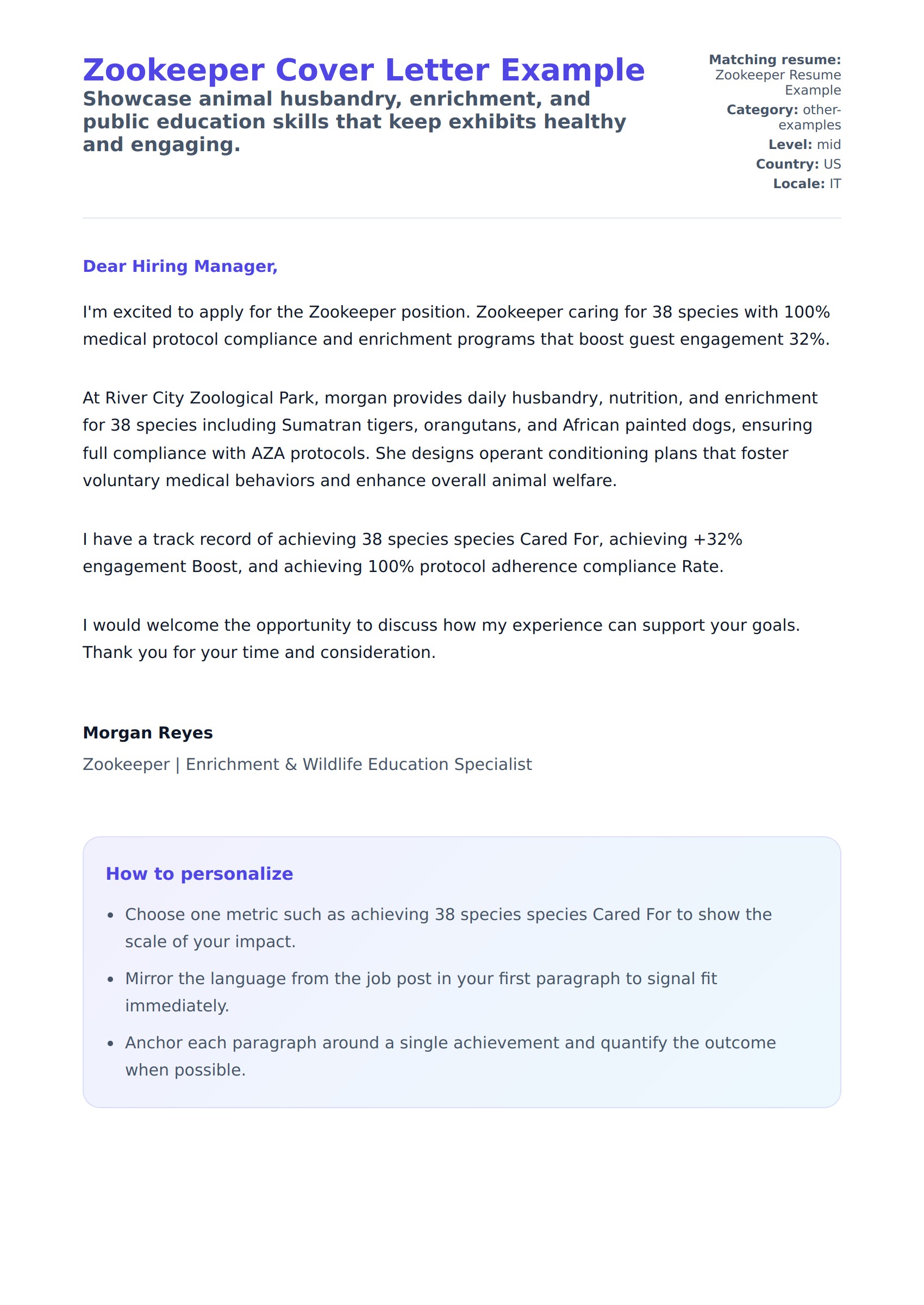 Cover Letter preview for Zookeeper Cover Letter Example