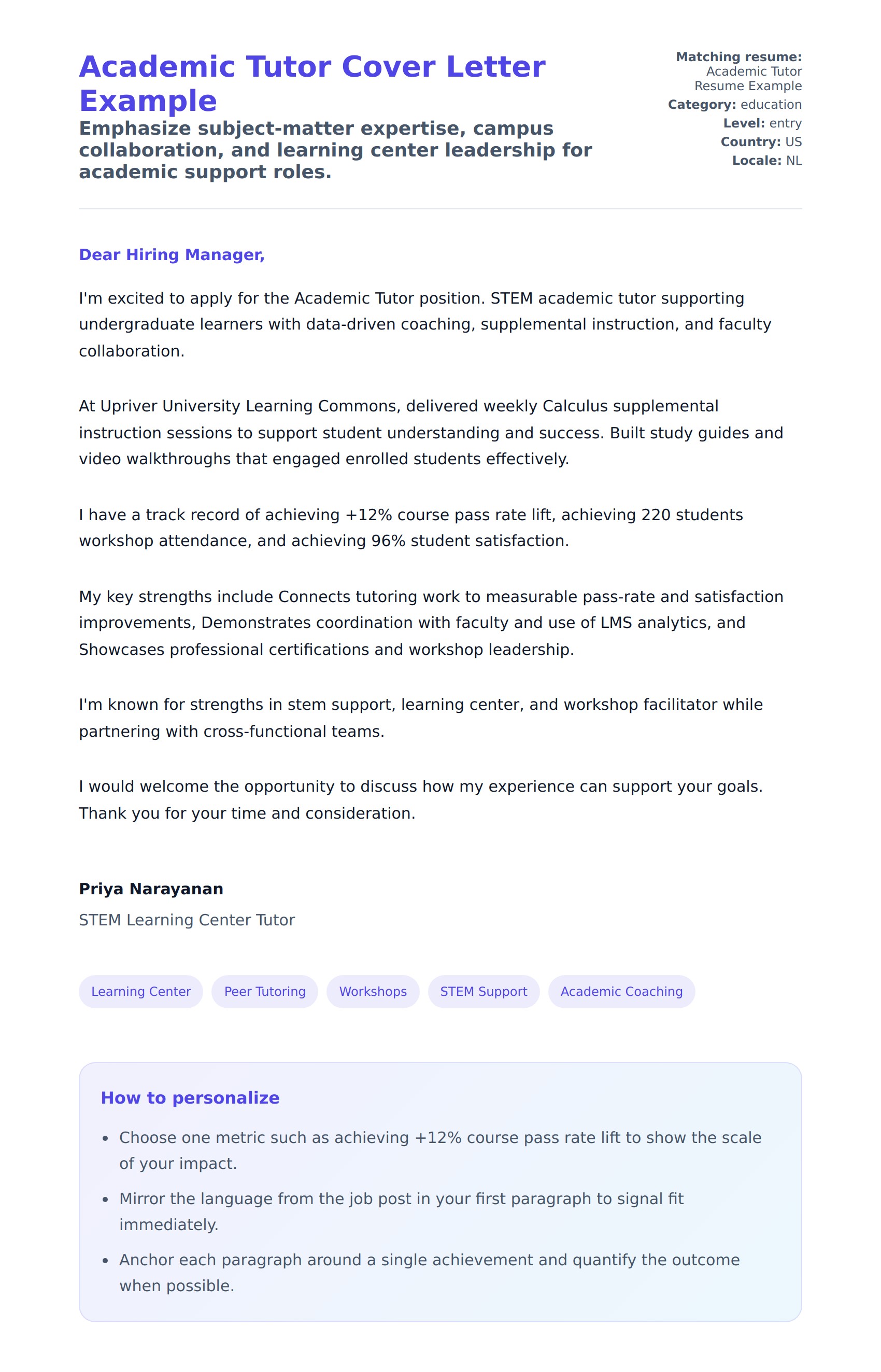 Cover Letter preview for Academic Tutor Cover Letter Example
