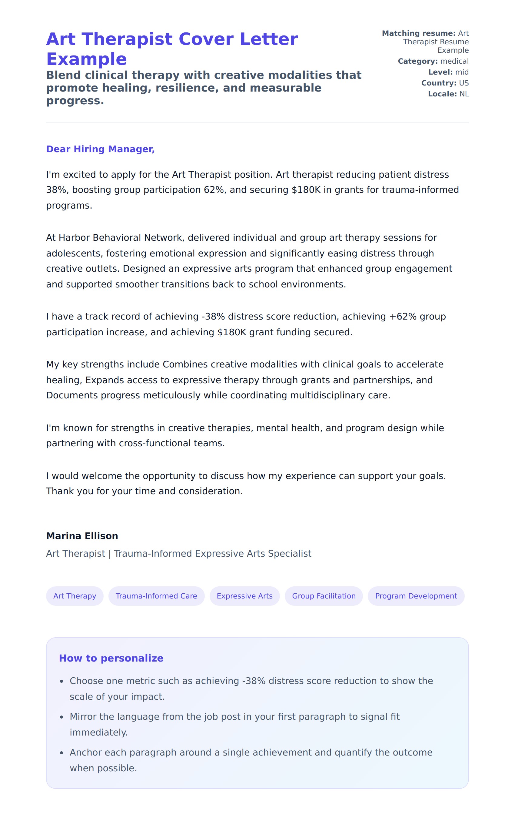 Cover Letter preview for Art Therapist Cover Letter Example