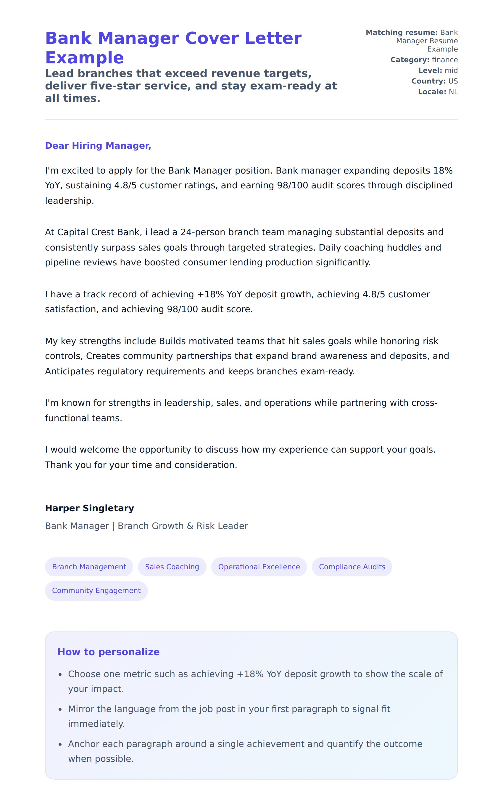 Cover Letter preview for Bank Manager Cover Letter Example