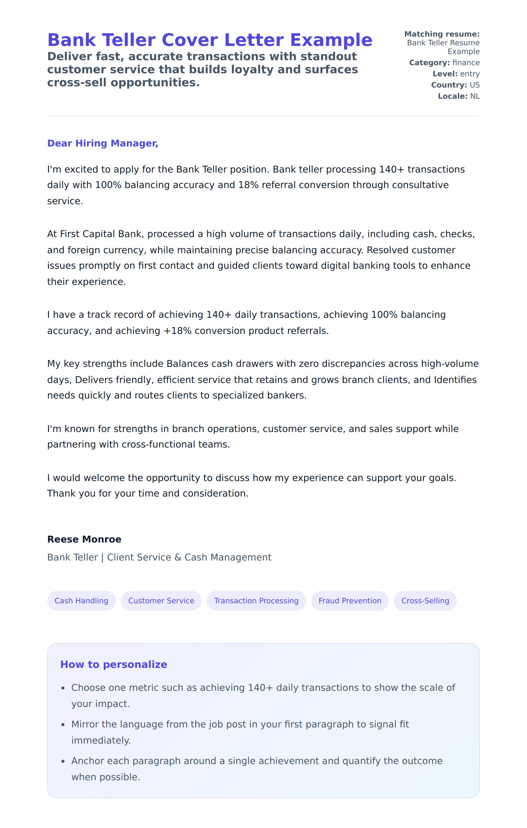 Cover Letter preview for Bank Teller Cover Letter Example