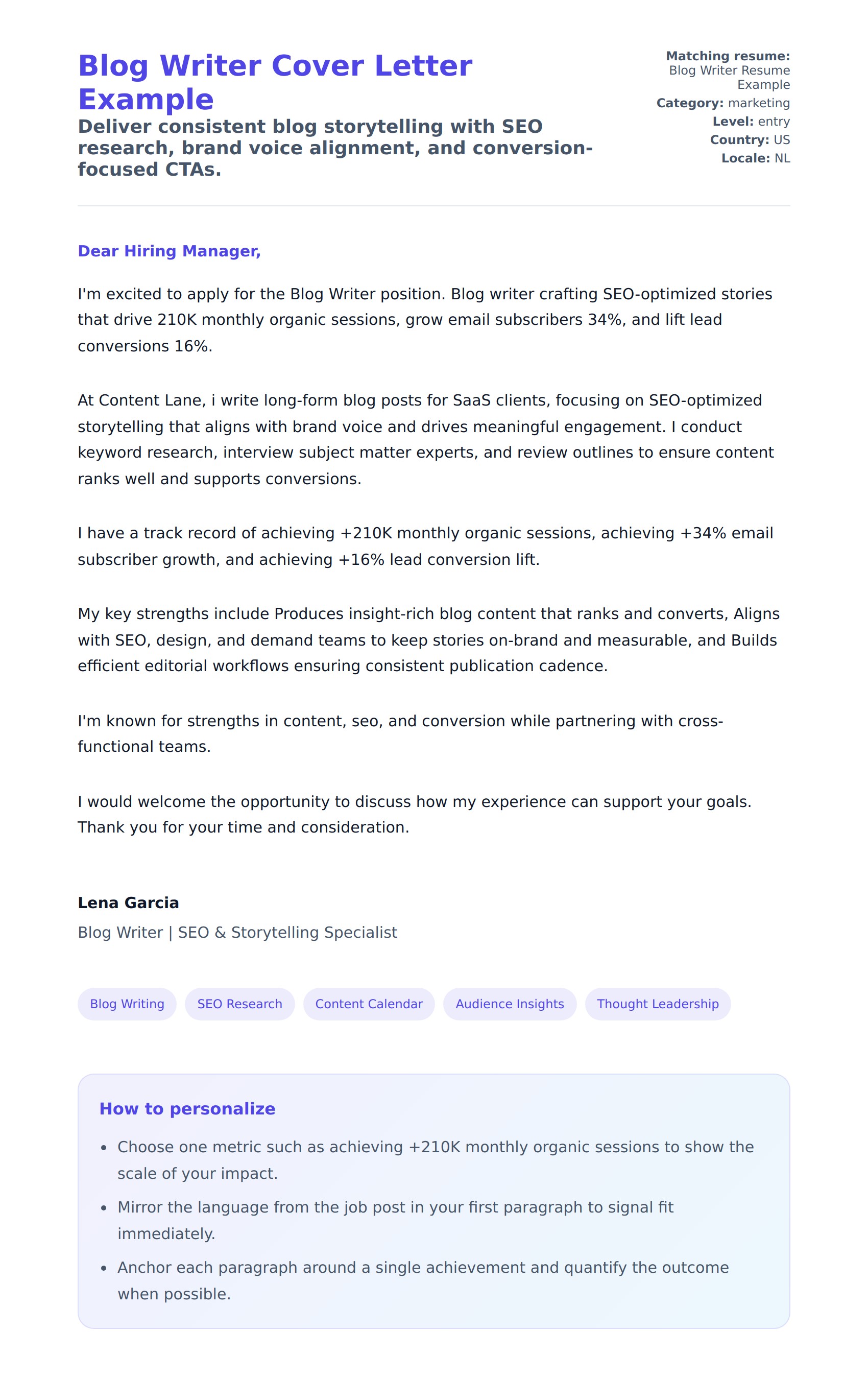 Cover Letter preview for Blog Writer Cover Letter Example