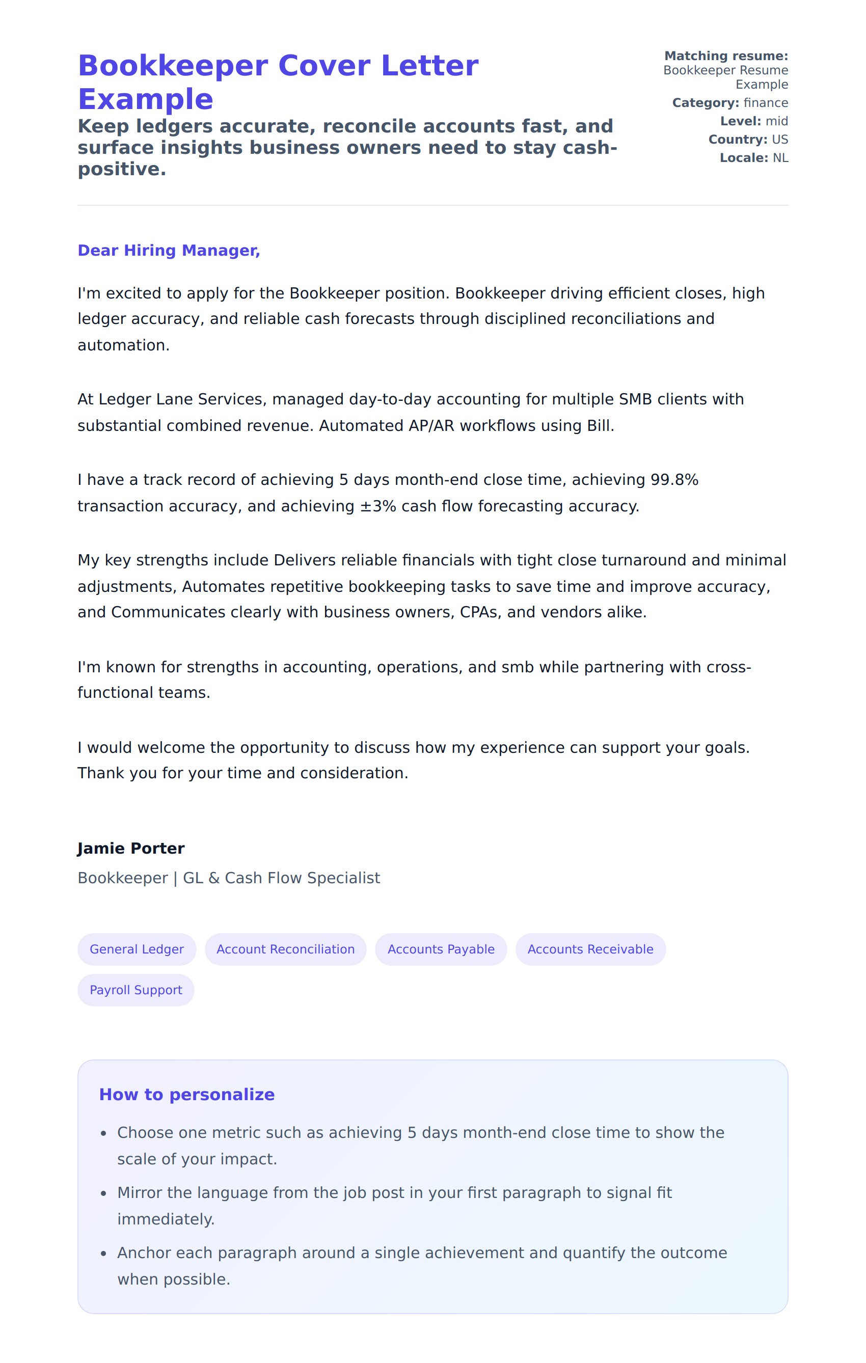 Cover Letter preview for Bookkeeper Cover Letter Example