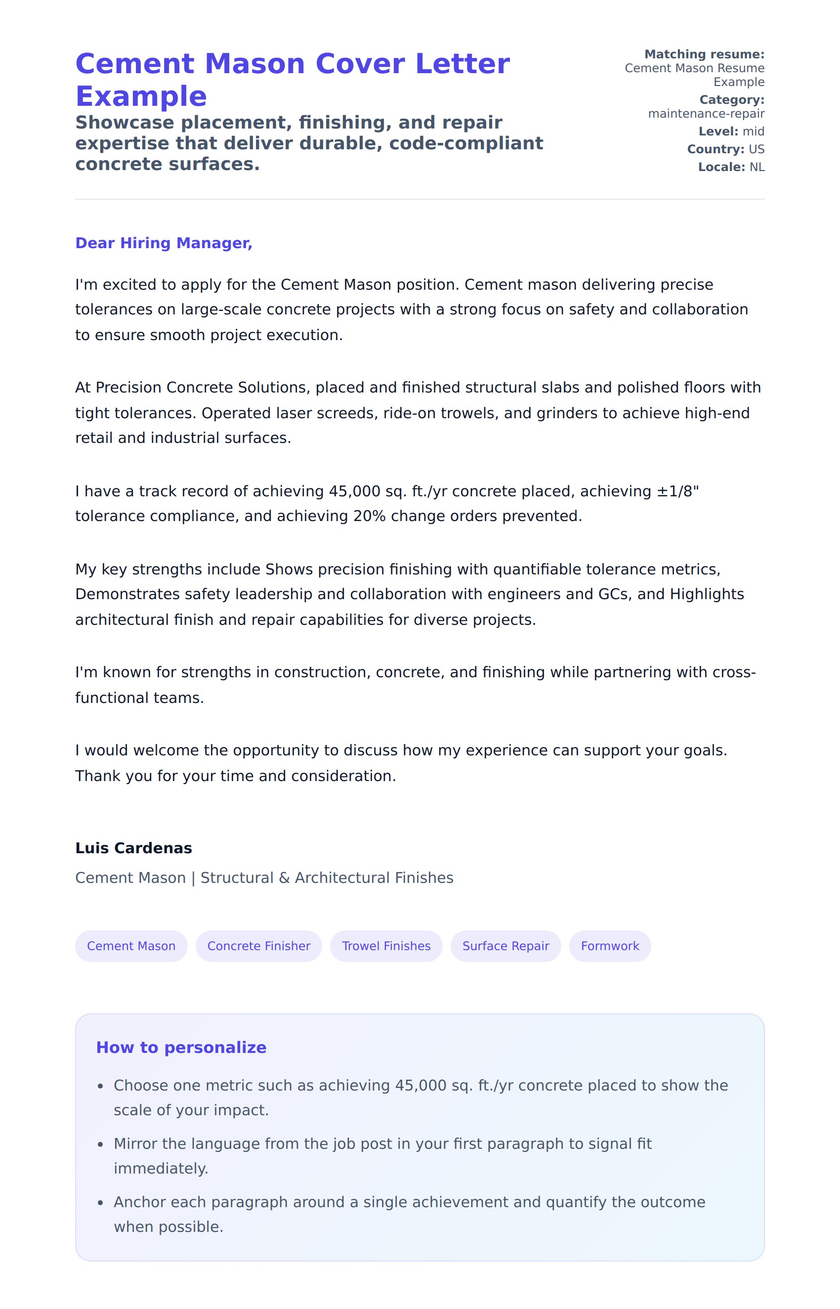 Cover Letter preview for Cement Mason Cover Letter Example