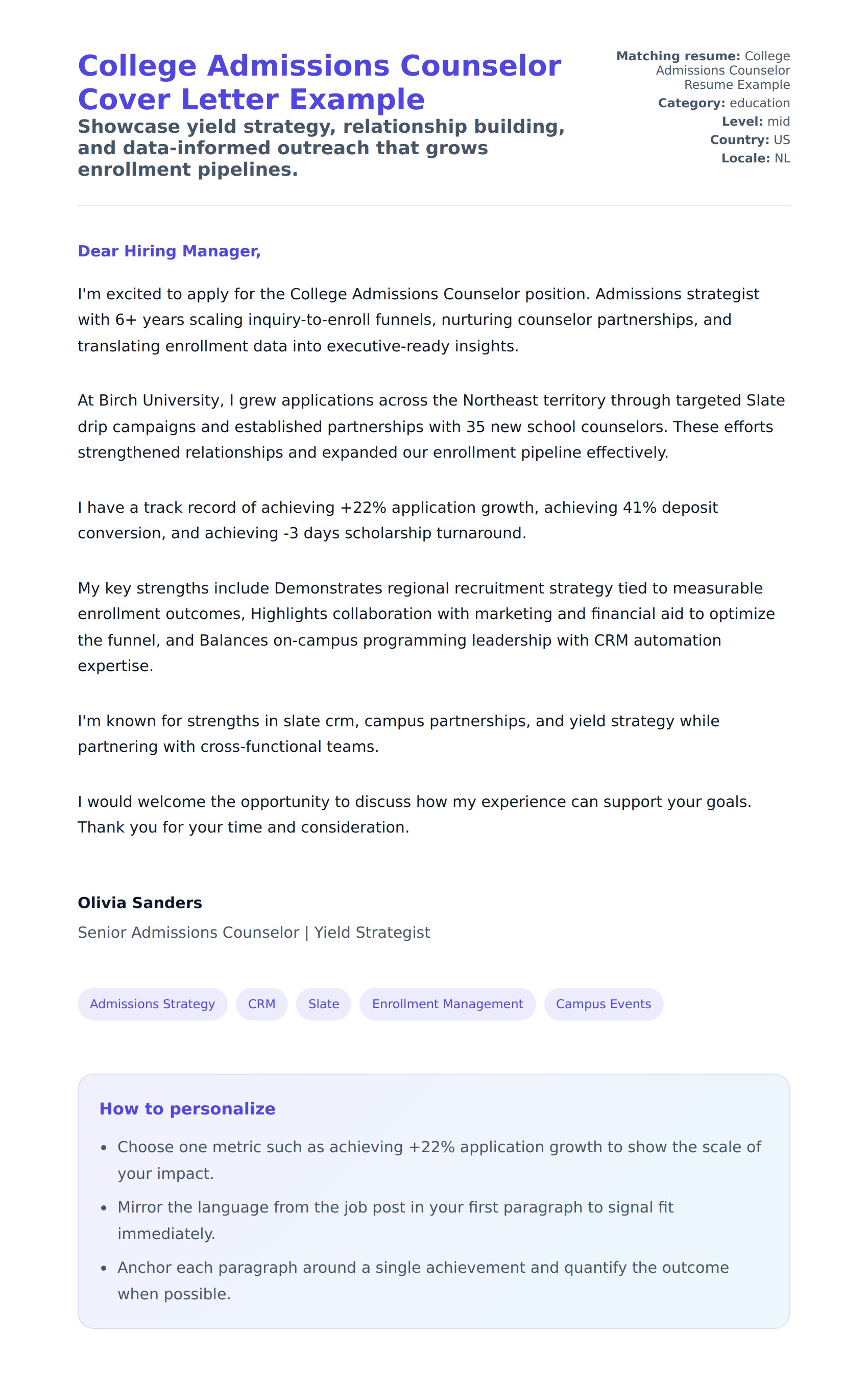 Cover Letter preview for College Admissions Counselor Cover Letter Example