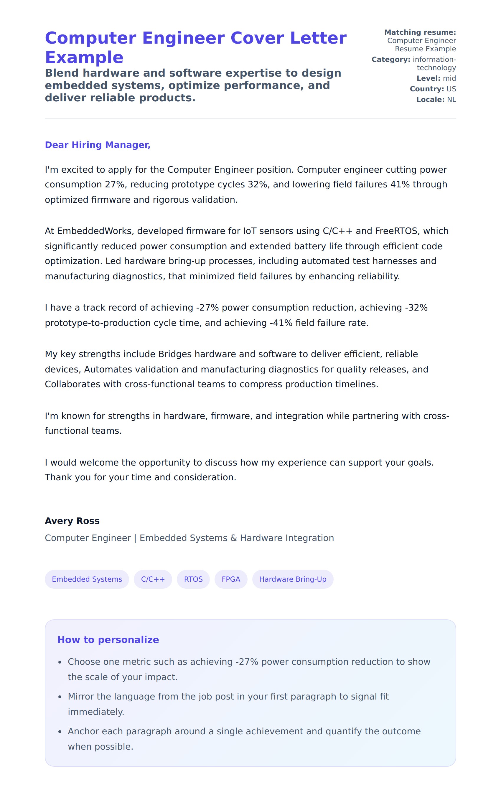 Cover Letter preview for Computer Engineer Cover Letter Example