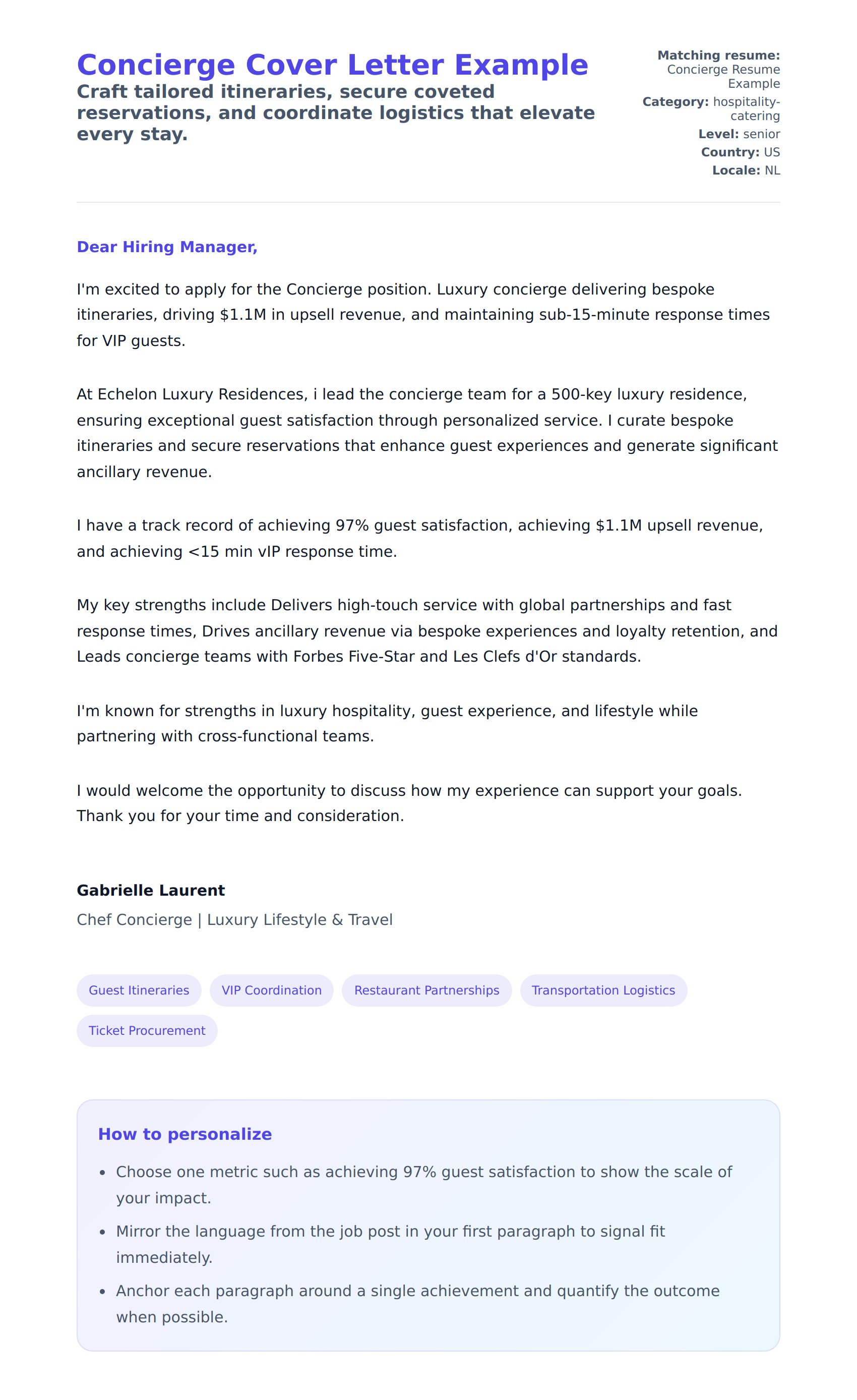 Cover Letter preview for Concierge Cover Letter Example