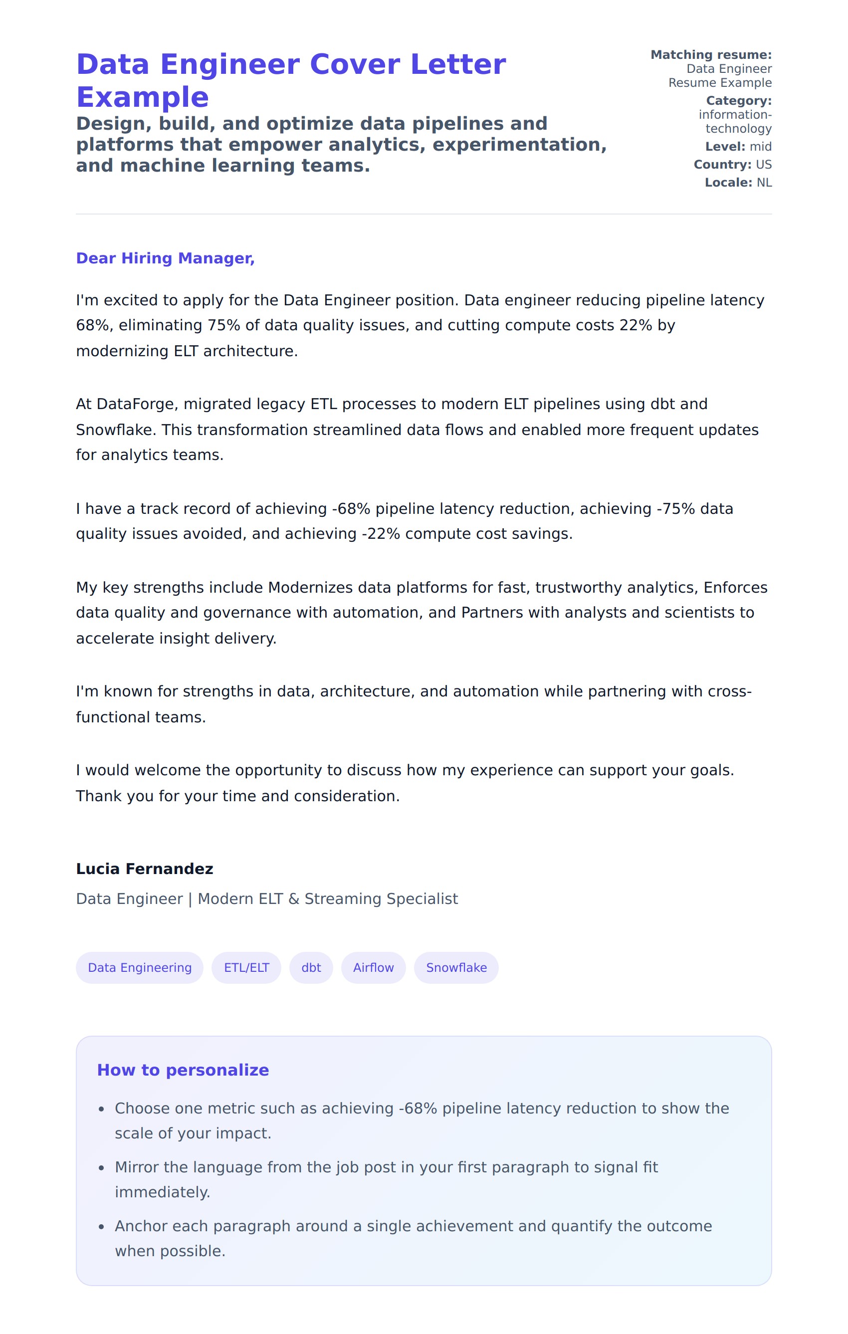 Cover Letter preview for Data Engineer Cover Letter Example