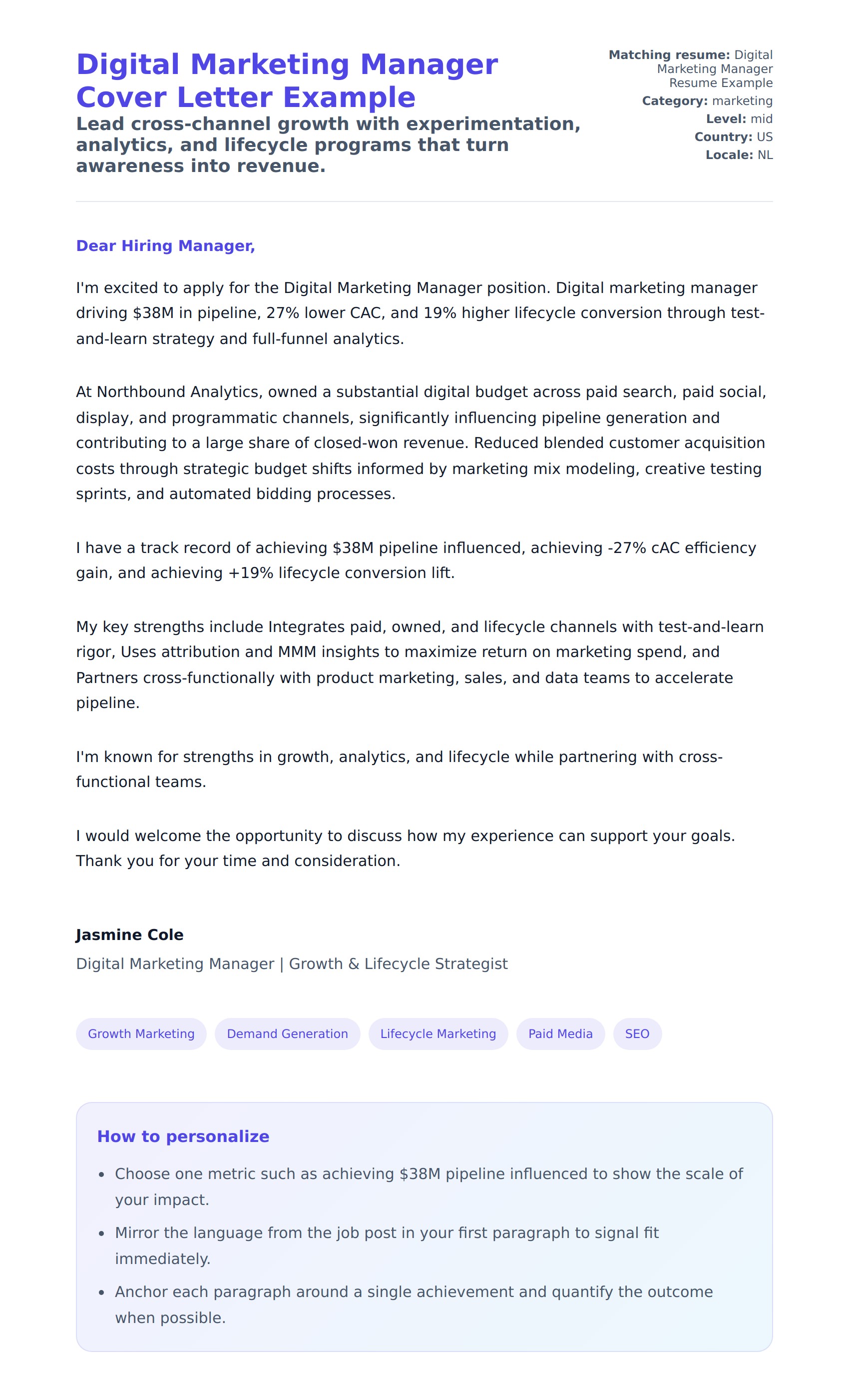 Cover Letter preview for Digital Marketing Manager Cover Letter Example