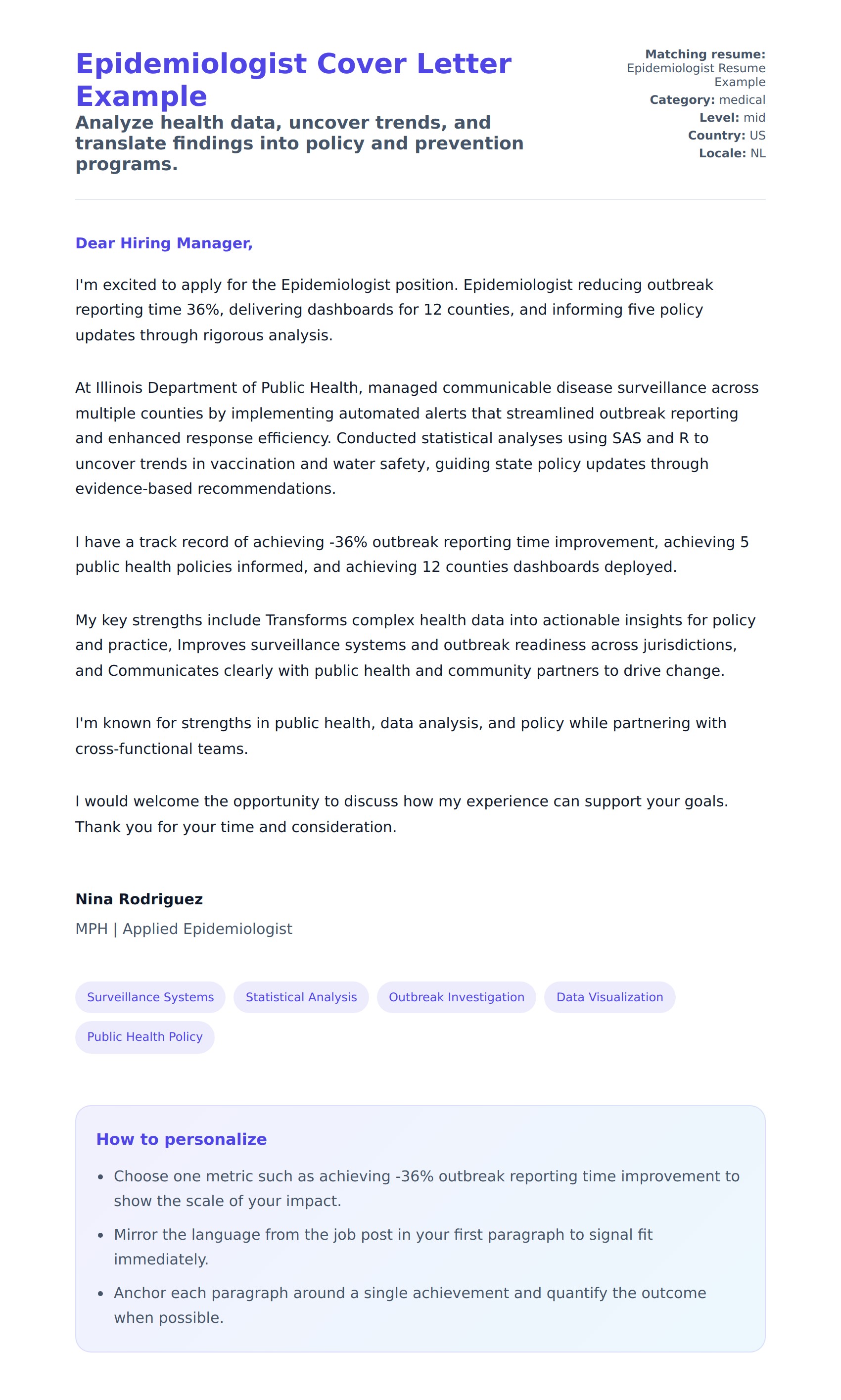 Cover Letter preview for Epidemiologist Cover Letter Example