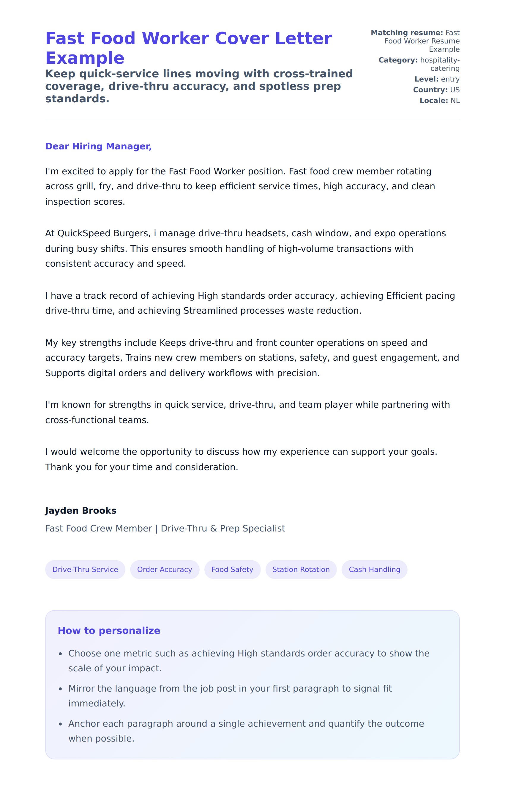 Cover Letter preview for Fast Food Worker Cover Letter Example