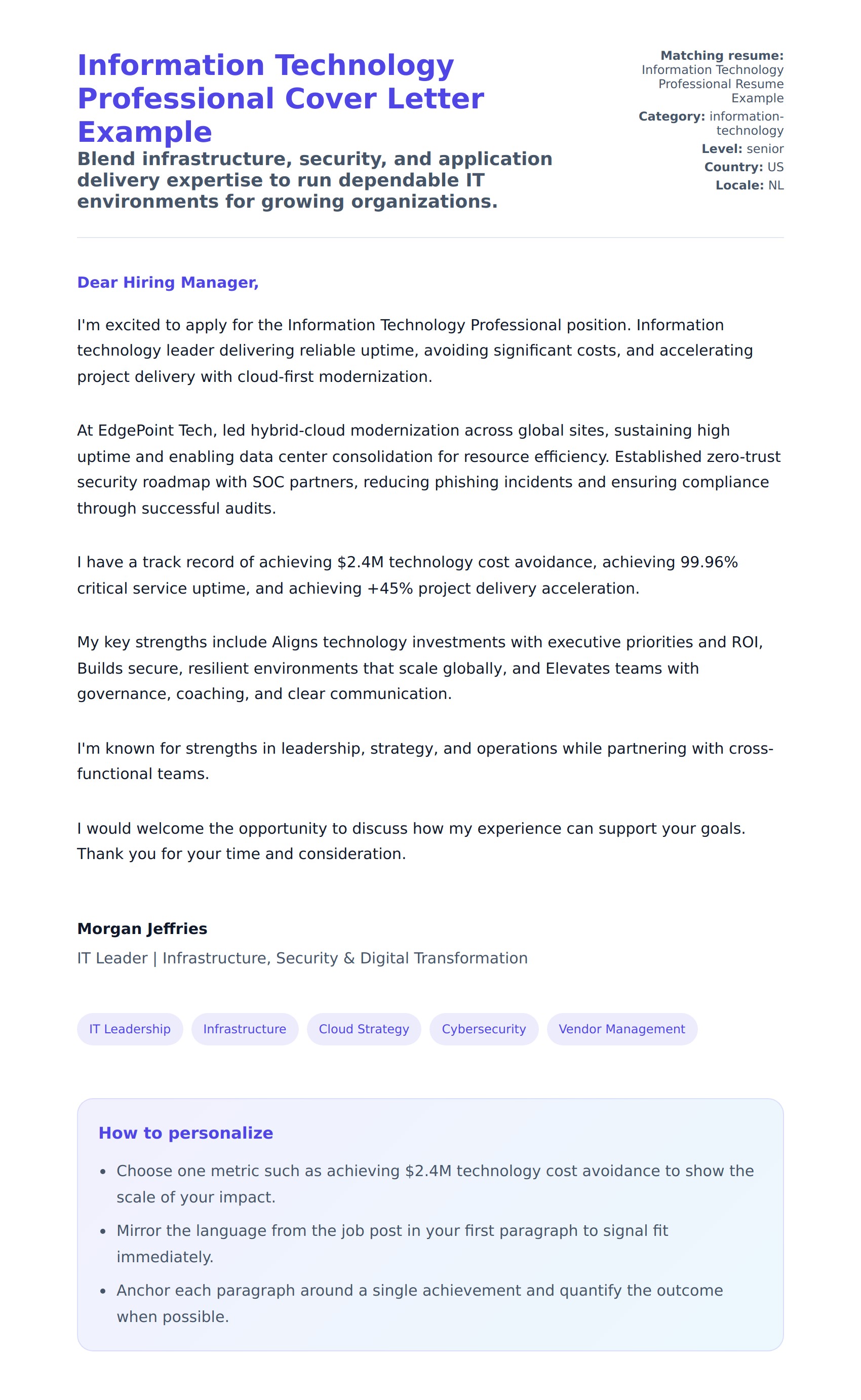 Cover Letter preview for Information Technology Professional Cover Letter Example
