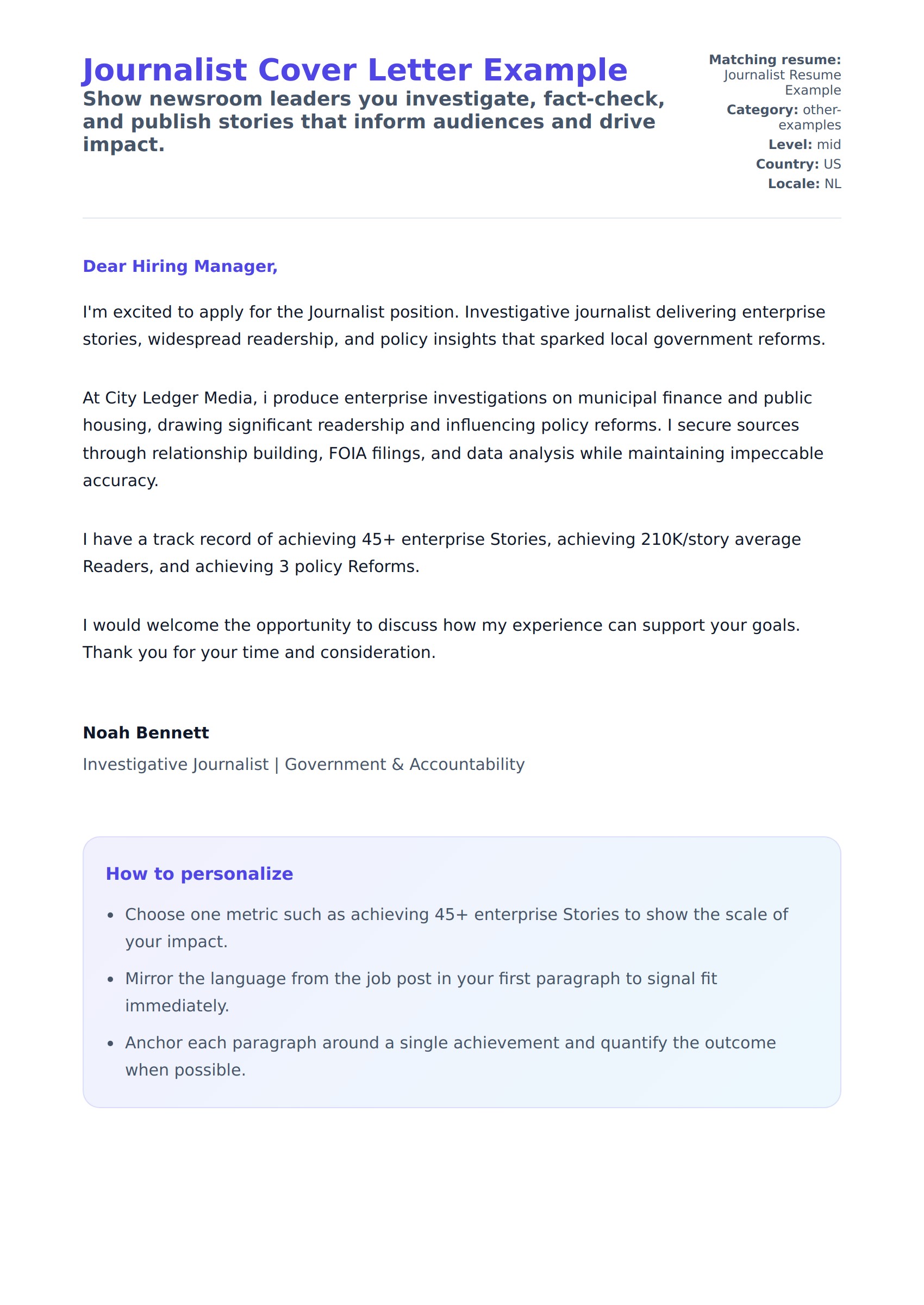 Cover Letter preview for Journalist Cover Letter Example