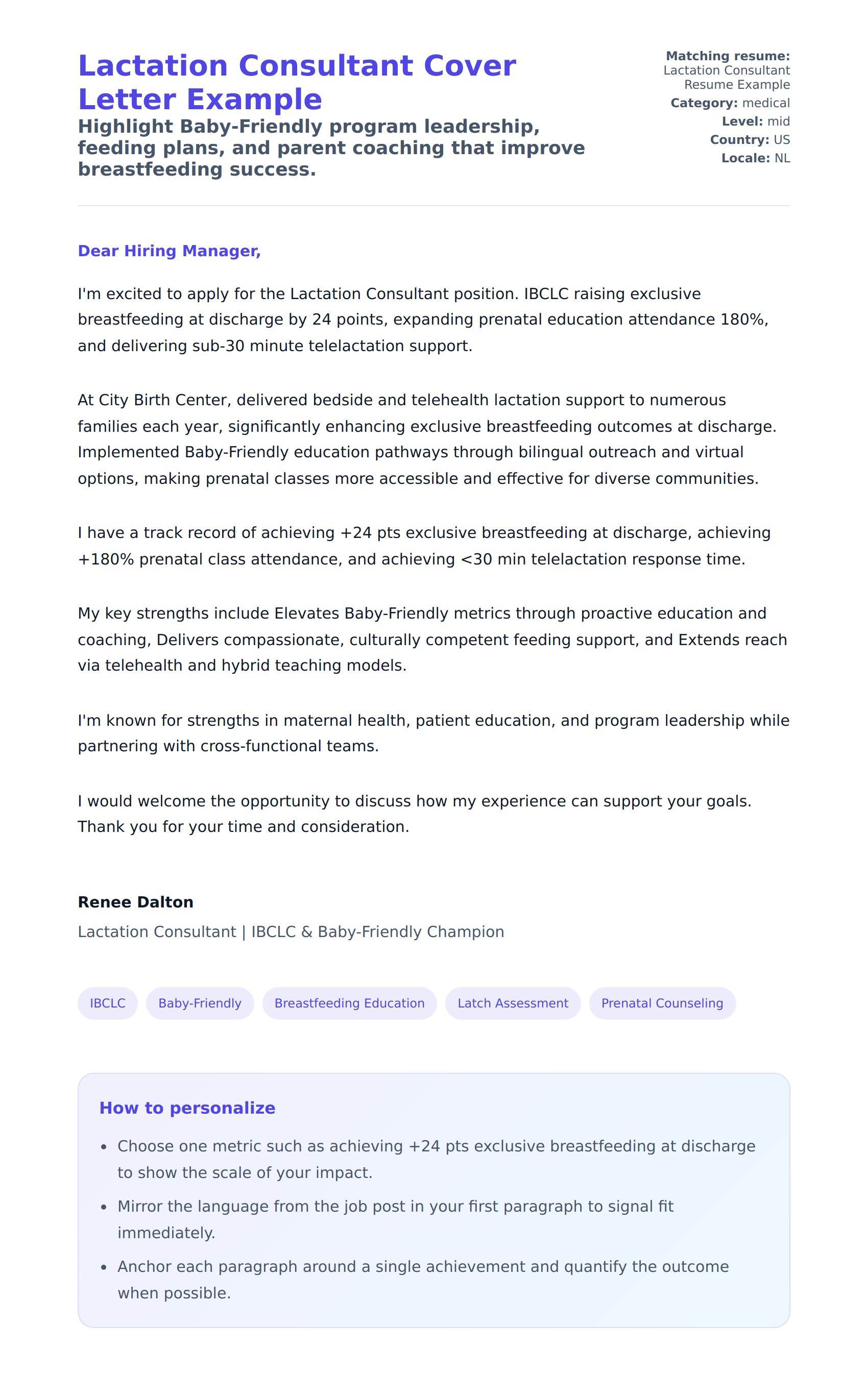 Cover Letter preview for Lactation Consultant Cover Letter Example