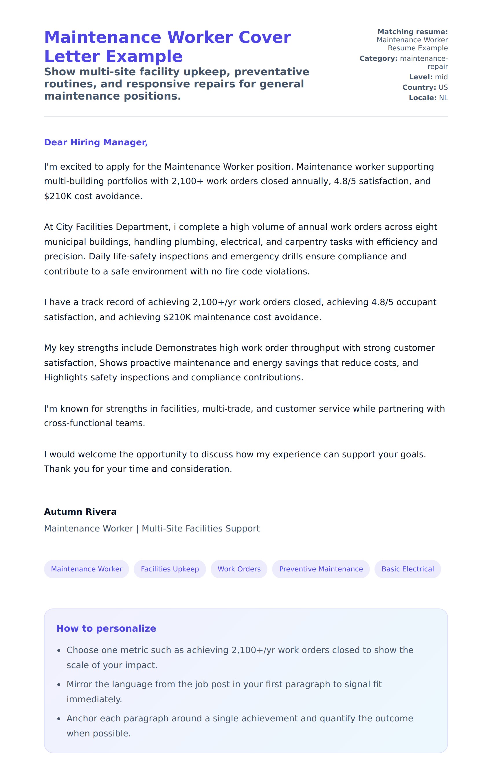 Maintenance Worker Cover Letter Example