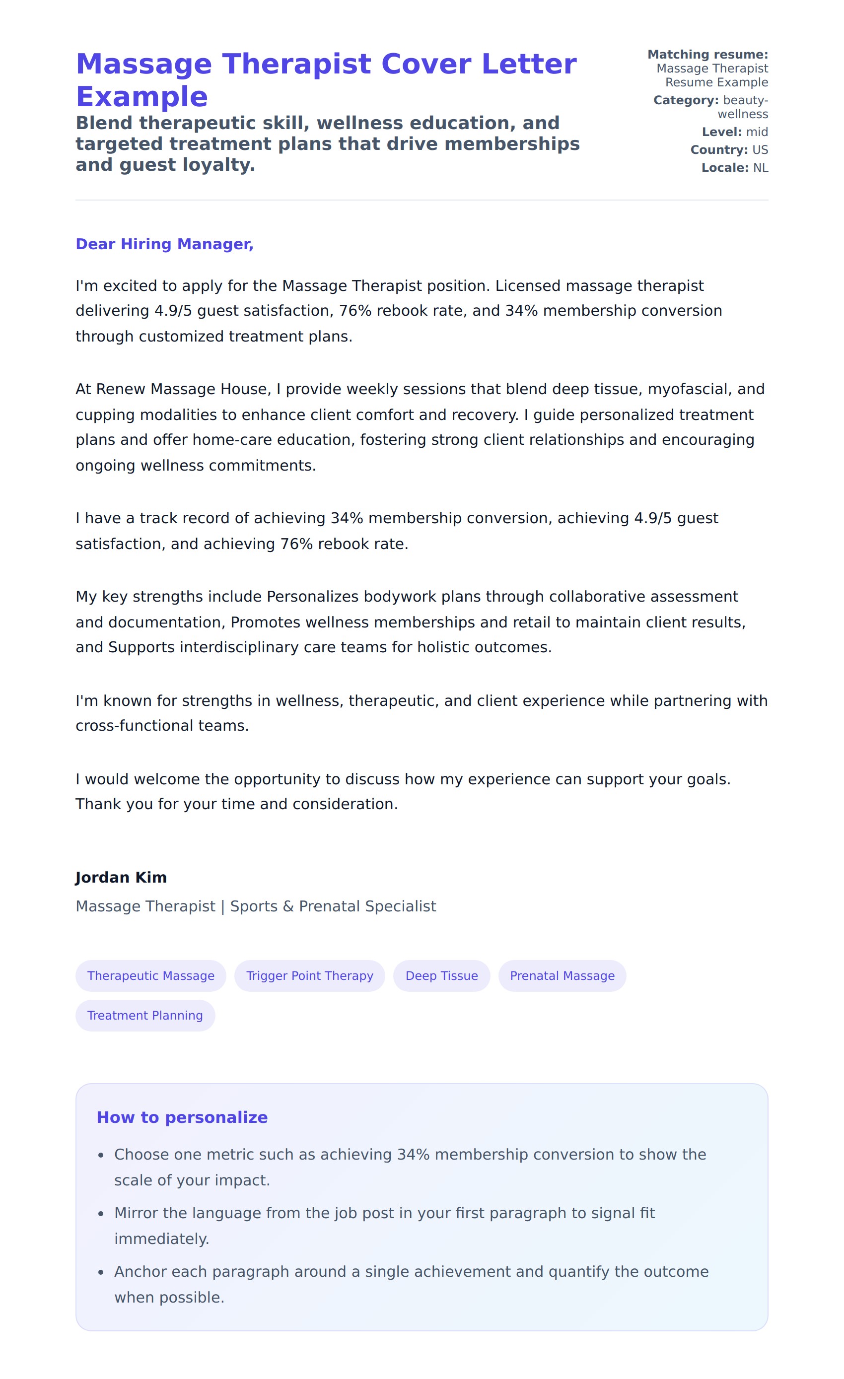 Cover Letter preview for Massage Therapist Cover Letter Example