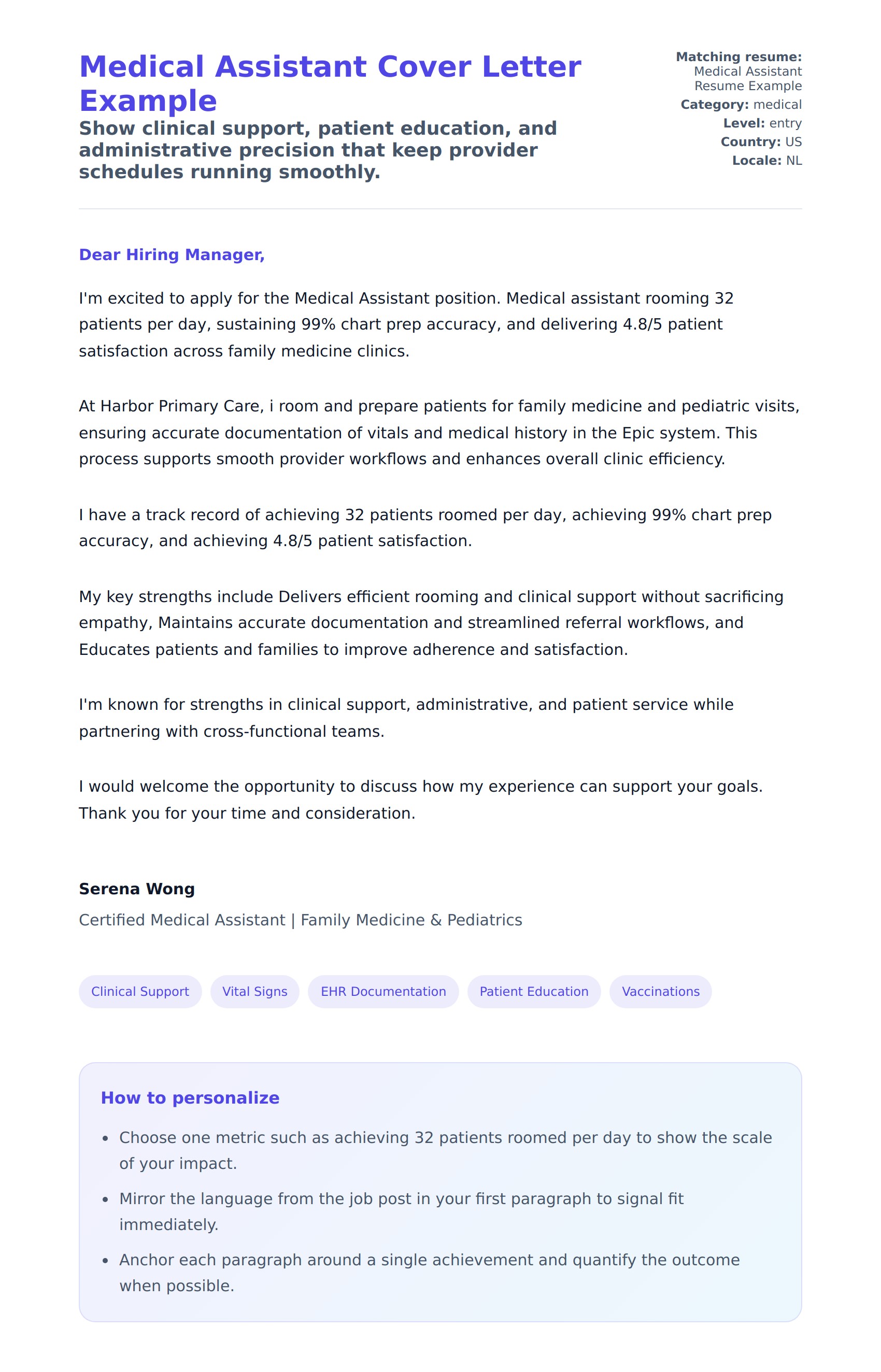 Cover Letter preview for Medical Assistant Cover Letter Example