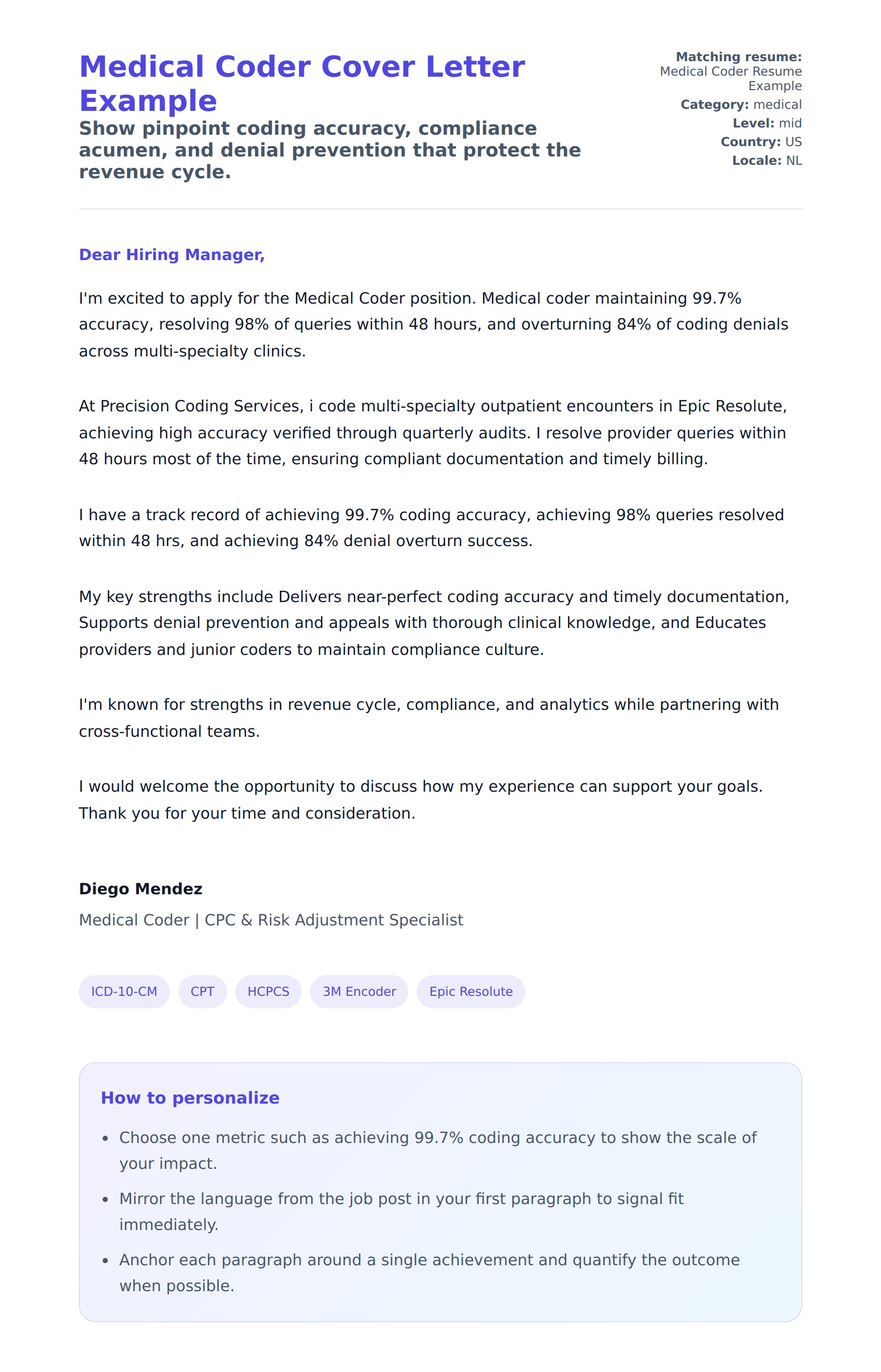 Cover Letter preview for Medical Coder Cover Letter Example