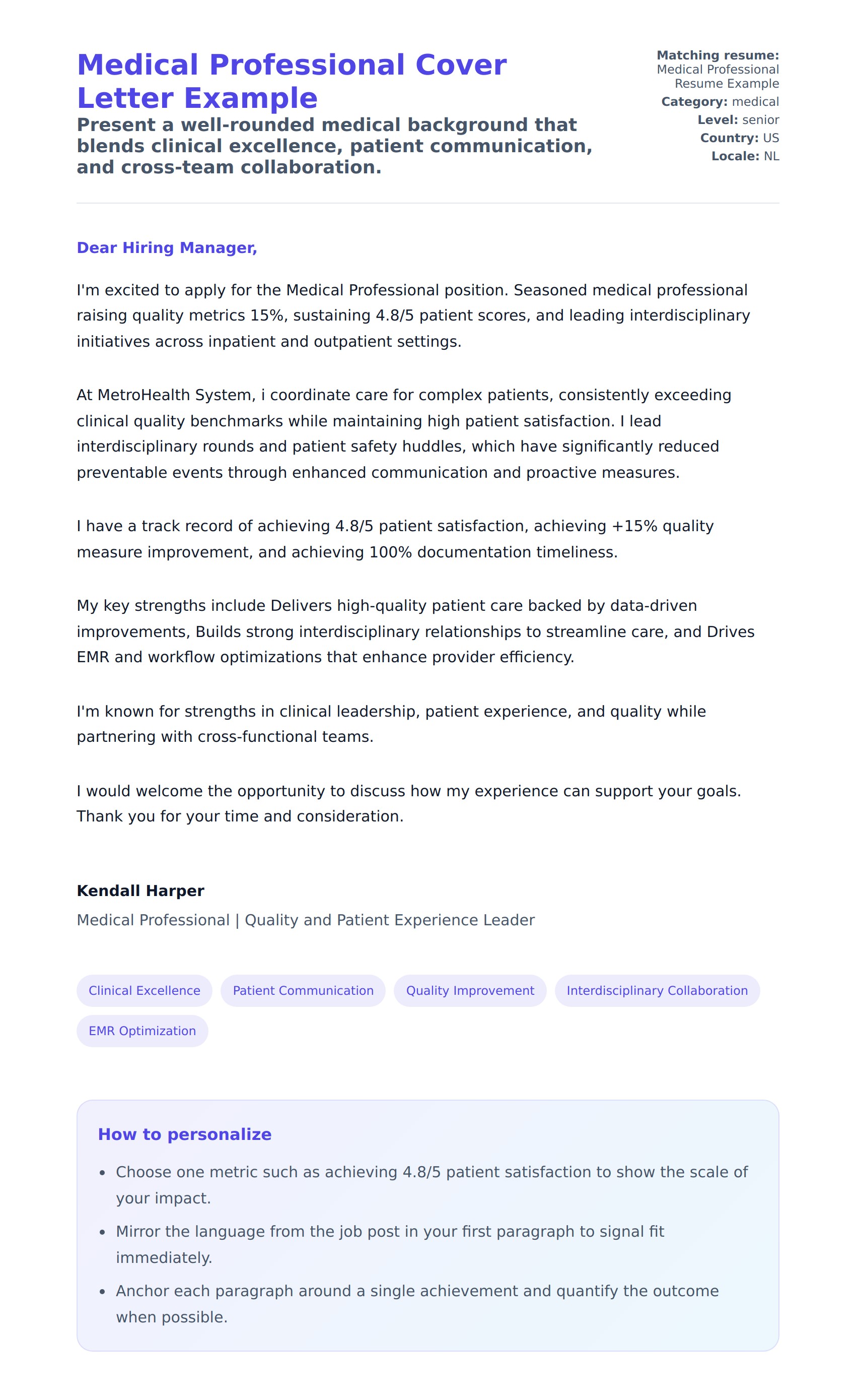 Cover Letter preview for Medical Professional Cover Letter Example