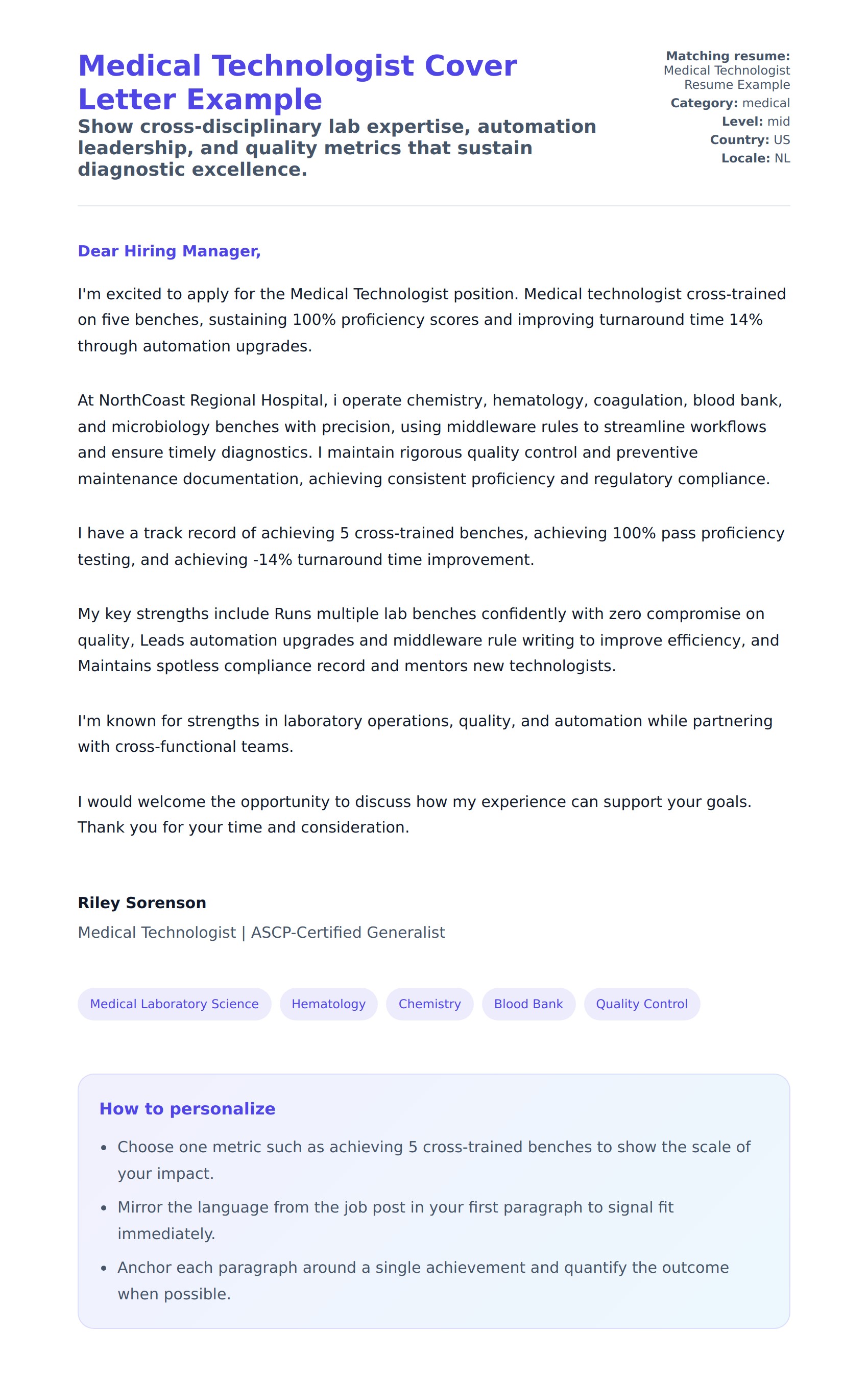 Cover Letter preview for Medical Technologist Cover Letter Example
